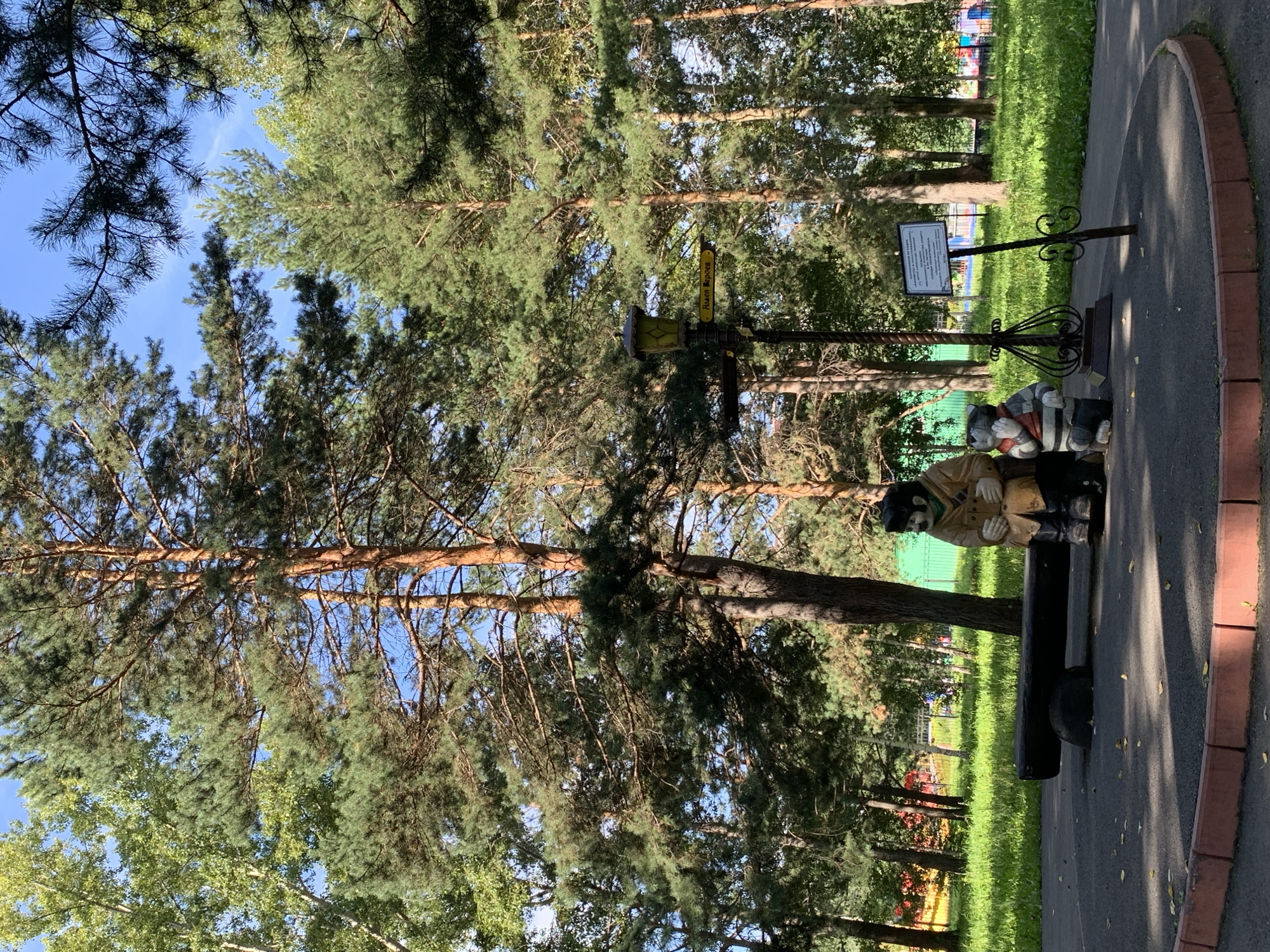 In Prokopyevsk, Russia, this image depicts a park scene under a clear blue sky with scattered clouds. The foreground shows a paved circular area with an orange border. Two large, weathered wooden sculptures are situated on this area: one is of a man in a tan coat holding a book, and the other is of a stylized cat wearing a striped sweater and scarf. They are placed near a dark, log-shaped bench supported by rough stones. A decorative lamppost with a yellow lantern stands behind the sculptures, and a signpost with a yellow directional sign reading "Аллея Героев" (Alley of Heroes) is attached to it. A small, black informational plaque is also present on a metal stand. The background consists of a grassy area, a green fence, and a playground with colorful equipment. Surrounding the park are numerous tall pine trees and some deciduous trees, casting shadows on the ground. The overall impression is of a quiet, outdoor public space.
