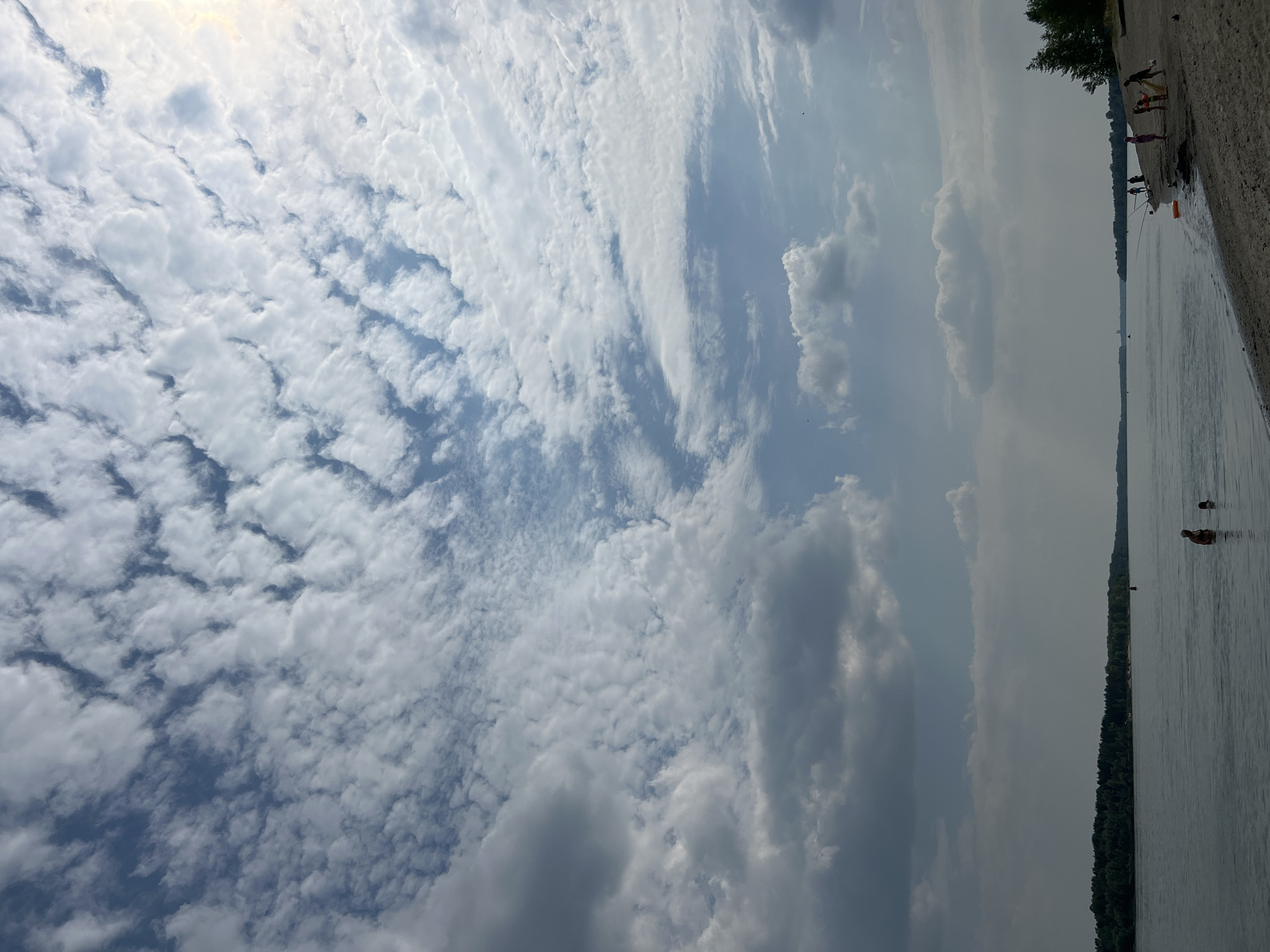 The image captures a serene riverfront scene in Mochishche, Russia. The sky is a dominant feature, filled with a dynamic array of white and gray clouds against a pale blue backdrop. The clouds are varied, with some appearing as scattered tufts and others forming more structured, rippled patterns. A hint of sunlight breaks through on the upper right, casting a soft glow.
The water body, likely a river, stretches across the frame, its surface appearing calm and reflective. On the far bank, a dense line of dark green trees forms a lush horizon, interspersed with distant structures.
The foreground features a sandy beach with scattered debris and a few small birds. A group of people are visible along the shoreline and in the shallow water. On the beach, several individuals are standing, including children, and one person is holding what appears to be a fishing rod. In the water, two individuals are partially submerged, appearing to swim or wade. The overall atmosphere is one of a leisurely day at the river.