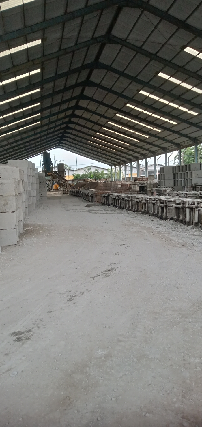 An overhead view within a large, open-sided industrial shed located in Driyorejo, Indonesia, reveals a concrete manufacturing facility. The shed features a high, pitched roof constructed from corrugated metal sheets supported by dark metal trusses, with translucent panels integrated throughout, admitting ambient light. The ground consists of a dusty, light grey compacted surface or concrete, forming a wide pathway down the center. To the left, numerous stacks of light grey, rectangular concrete blocks are neatly arranged. To the right, a long line of dark grey, irregular concrete molds or precast elements is visible, extending into the background. In the far background, behind the pathway, industrial machinery consistent with a concrete batching plant or block-making equipment, including hoppers and structural frames, is visible. Beyond the shed's perimeter, an overcast sky, green foliage, and other light-colored industrial buildings are present. No individuals are depicted within the scene.