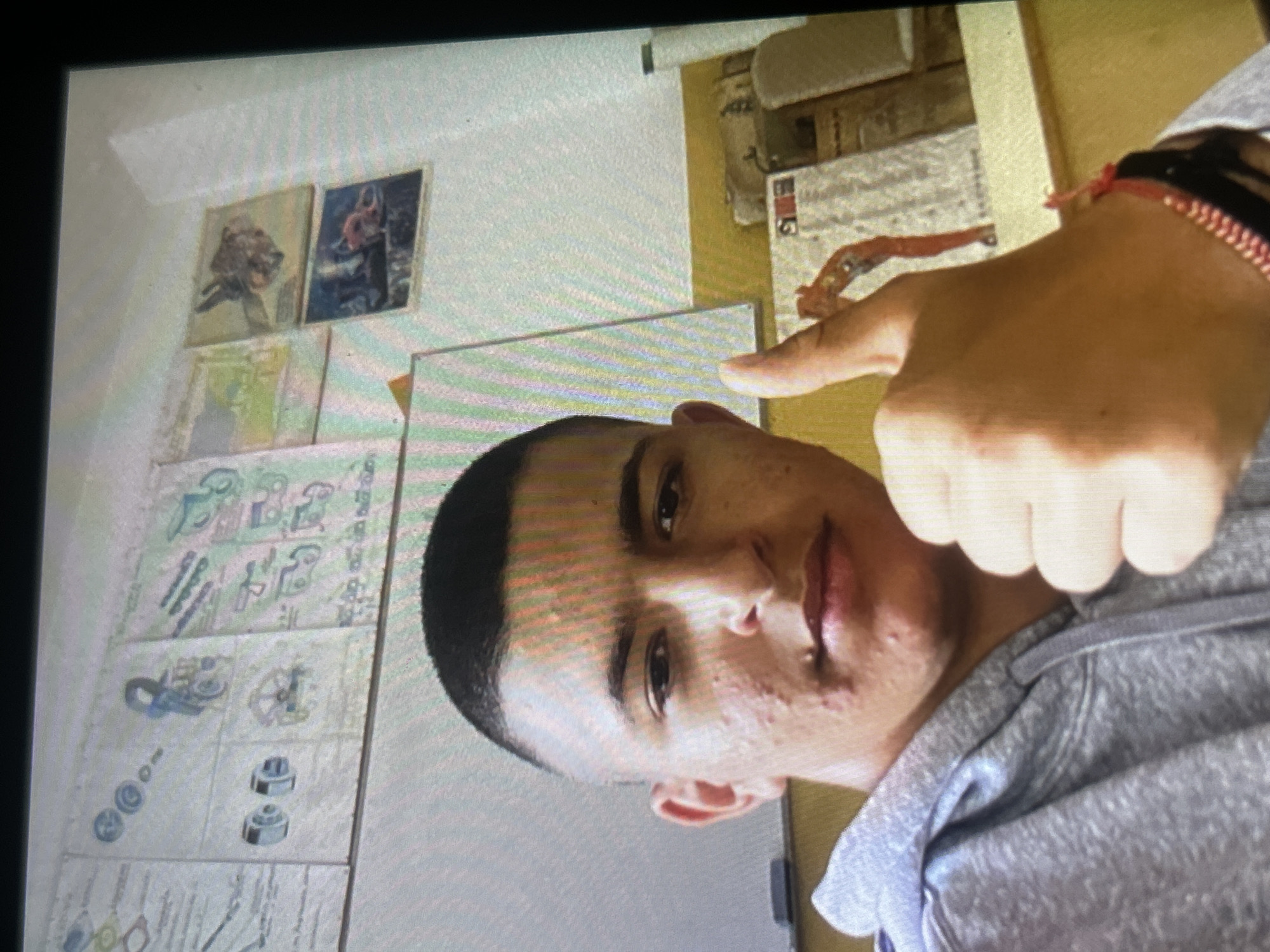 The image captures a young male indoors, presenting a close-up of his face and upper torso, likely a screenshot from a video call or a photo of a screen. He has short, dark hair and some facial acne, looking directly at the camera with a neutral expression. He is wearing a grey hooded sweatshirt. His left arm is raised, with the index finger pointing towards the upper right of the frame. A red and black braided bracelet is visible on his left wrist.
The background features white walls adorned with various items. On the left, two framed pictures are hung; one depicts a brown-toned form, possibly an animal or face, while the other shows a darker, blue-toned figure. Below these, several pages with detailed technical diagrams or schematics are affixed to the wall, illustrating mechanical components like gears, bolts, and nuts with blue and green accents.
On the right side of the background, the wall is a beige color. A small, red, arm-like figure, possibly a toy or decorative object, is visible on a surface, with the partially legible text "EUG" or "EUG S" next to it. The setting appears to be a casual indoor space. The image displays visible pixelation and scan lines, characteristic of a photo taken of a digital display. The activity is a posed shot.