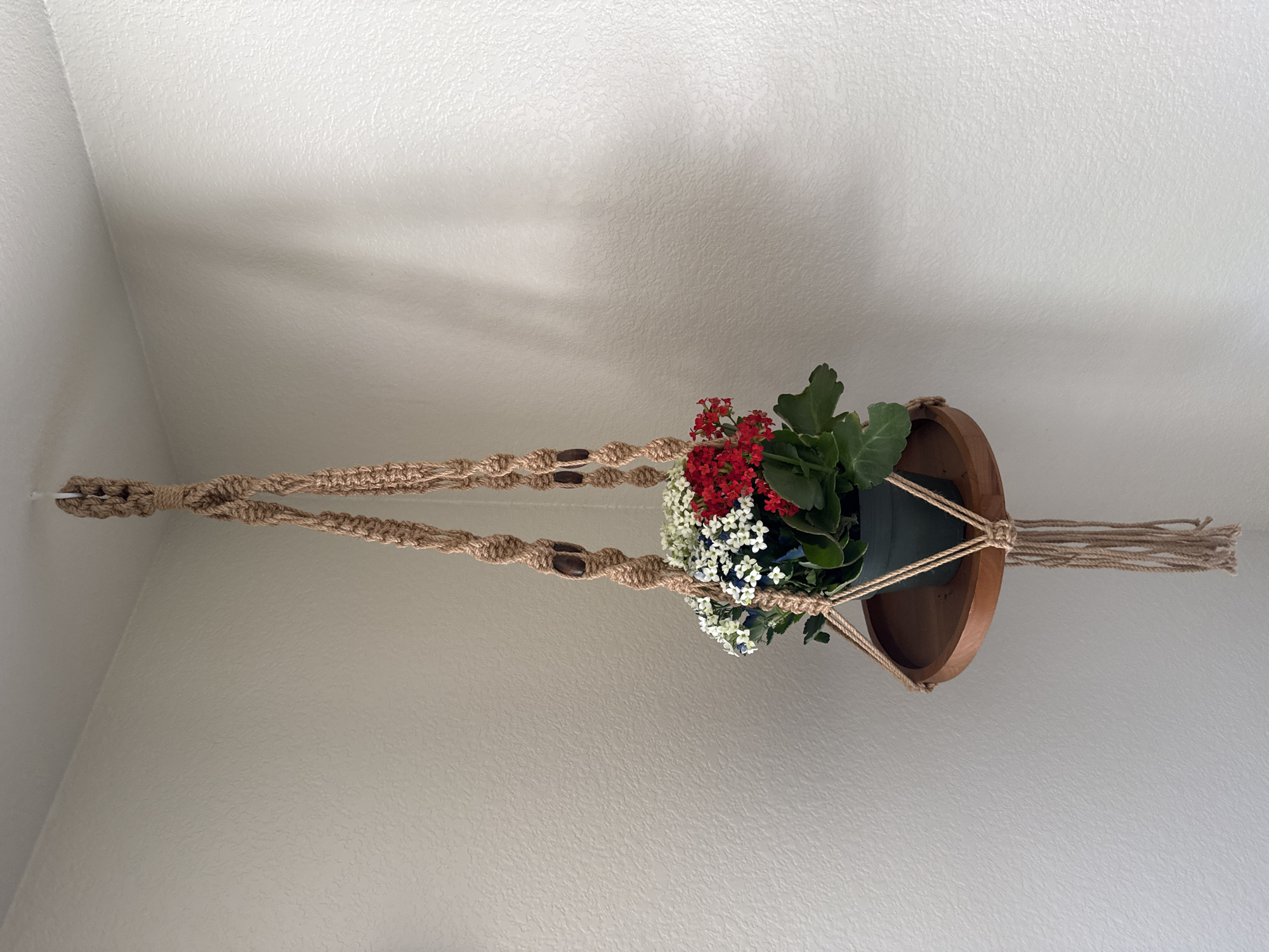A macrame plant hanger suspends a small, green-potted plant with red, white, and blue flowers. The hanger is made of natural-colored rope and features wooden beads. The plant is sitting on a round, wooden shelf. The background is a textured, off-white wall. The image was taken in West Sacramento, United States of America.