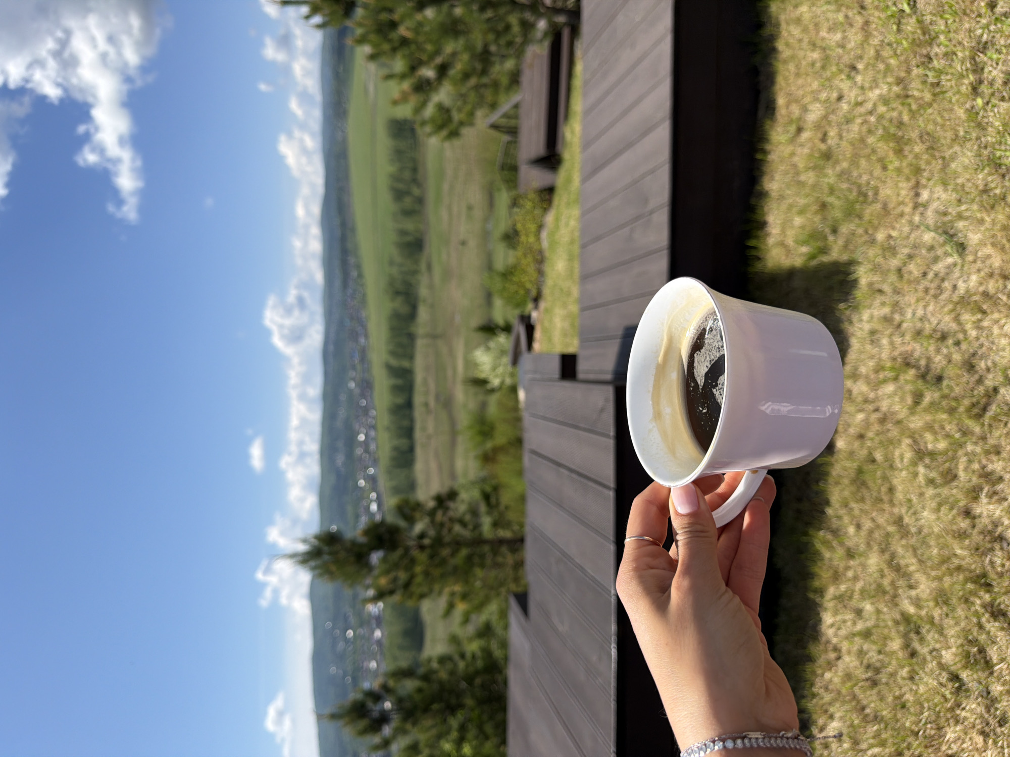 A woman's hand is holding a white coffee mug. The mug is partially empty with coffee residue inside. The hand is wearing a ring and a bracelet. The background is a blurred landscape. A dark wood deck is visible. Further back, there is a green grassy area. In the distant background is a landscape of green and blue with some clouds. The photograph appears to be taken in Shamoni, Russia.