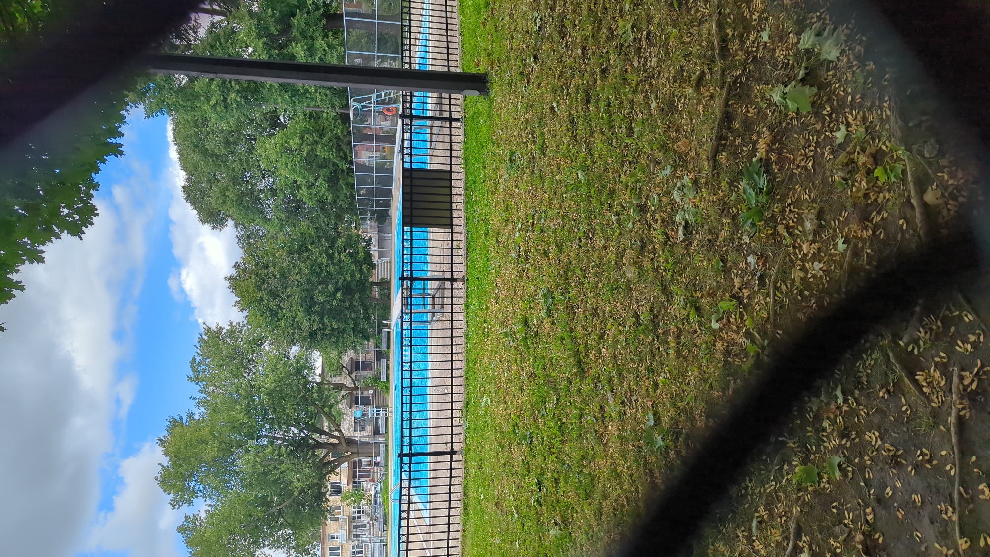 The image depicts an outdoor swimming pool area, likely in Montreal, Canada, given the context. A bright blue swimming pool is visible, surrounded by a black metal fence. Beyond the fence, a well-maintained lawn dotted with fallen leaves covers the foreground. In the background, mature trees with lush green foliage provide shade, and apartment buildings can be seen. A lifeguard stand with a life preserver is positioned near the pool, suggesting it is a public or community facility. The sky is partially cloudy, indicating fair weather. The overall scene conveys a sense of a recreational area within a residential neighborhood.