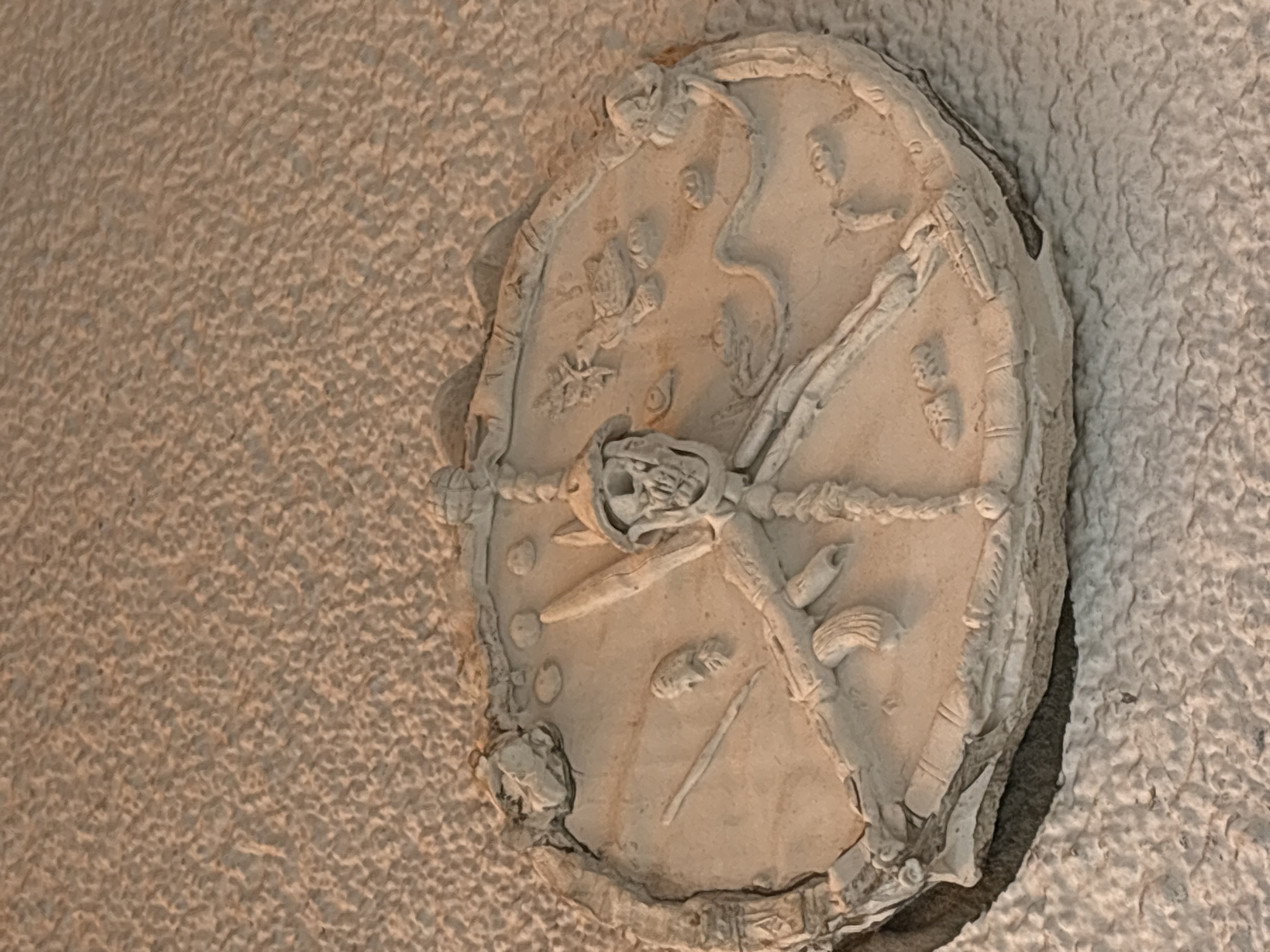 The image shows a close-up, overhead view of a circular, relief sculpture made of light-colored clay or plaster, mounted on a textured, beige wall. The sculpture depicts a skeletal figure wearing a helmet, with its arms outstretched and its body forming a central element. Various other figures and shapes are embedded within the sculpture, including what appear to be smaller human faces, plant-like forms, and abstract shapes. The overall style is crude and primitive. The sculpture is roughly circular, with an uneven edge. It is difficult to determine the exact location of this sculpture, but it appears to be an artistic or decorative element in an indoor setting, possibly a museum or gallery, though it could also be a public art installation. There is no information in the image to suggest it is located in Moscow, Russia.