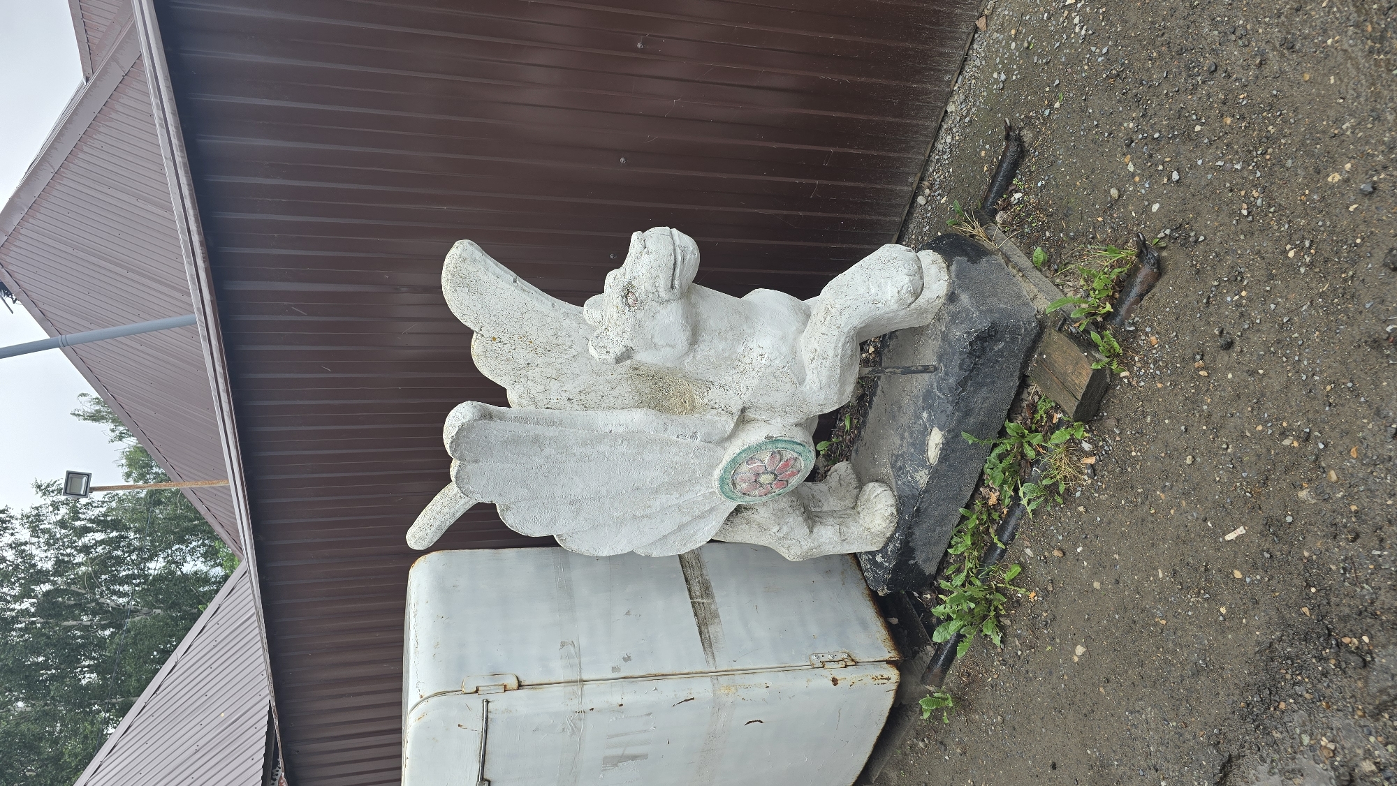 The image shows a white concrete sculpture of a winged creature, possibly a griffin or a dragon, situated outdoors. The sculpture is detailed with visible wings, a head with a snout, and clawed feet. A circular emblem with a floral design, featuring red petals and a green border, is attached to the creature's body. The sculpture rests on a dark, irregular-shaped base.
The setting appears to be an outdoor area with a brown corrugated metal wall in the background, suggesting a building or structure. The ground is a mix of gravel, dirt, and scattered debris, with some green weeds growing around the base of the sculpture and near some dark metal elements protruding from the ground. To the left of the sculpture, a portion of a silver-colored rectangular object, possibly a container or a piece of equipment, is visible. Further to the left, a sloping brown roof and a light fixture mounted on a pole can be seen, with trees and an overcast sky in the distance.
The lighting suggests it is daytime, and the wet appearance of the ground and the overcast sky might indicate recent rain or damp weather. There is no visible text in the image. The overall impression is one of a slightly weathered, possibly rustic, outdoor space.