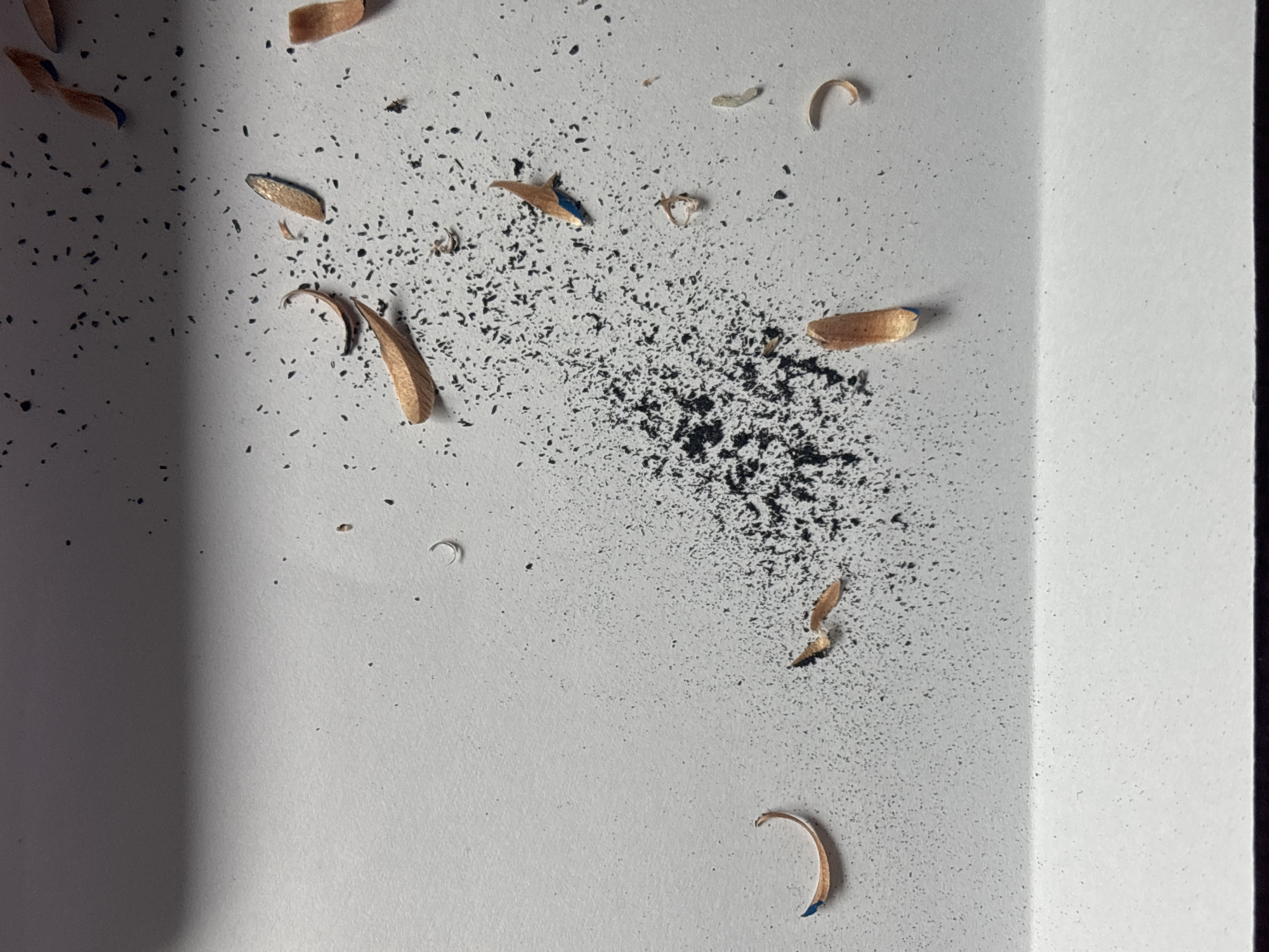 The image depicts pencil shavings on a white surface, likely within a container or box. The shavings consist of both wooden fragments and graphite particles. The wooden shavings are light brown with blue coloring at the edges, suggesting the use of colored pencils. The graphite particles are concentrated in the center of the image, with a sparse scattering around the edges. The surface appears to be clean except for the pencil shavings.
There is no information in the image indicating the location to be Choeng Thale, Thailand, nor are there people, subjects, actions or interactions visible in the frame.