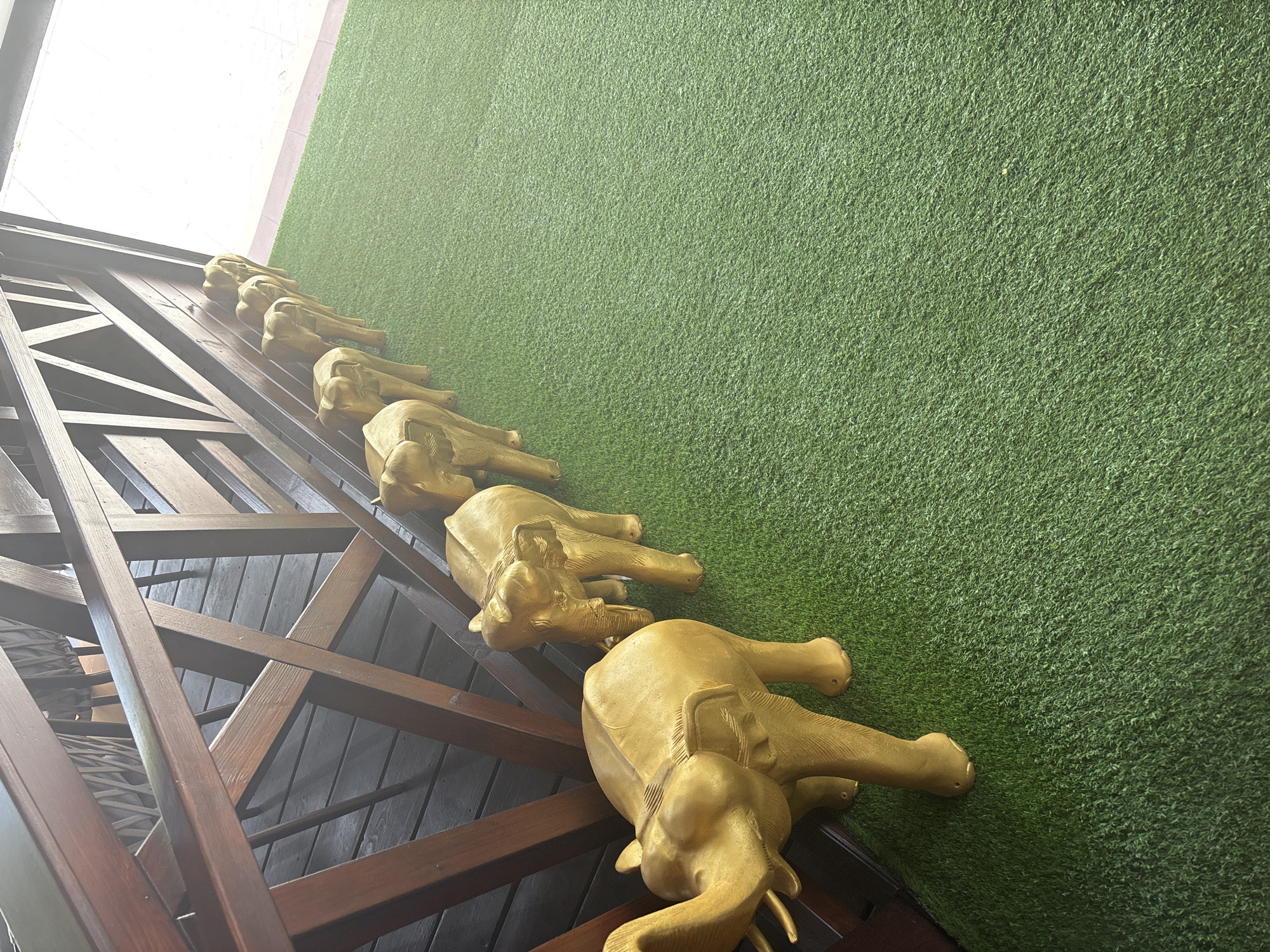 A line of eight golden elephant statues are arranged on a vibrant green, artificial turf surface, leading away from the viewer and towards a brightly lit area. The statues are uniformly colored and appear to be made of resin or a similar material. They are positioned in descending size order, with the largest closest to the camera on the left, and the smallest at the far end of the line on the right. The statues are standing upright, facing the same direction. Behind the statues, a dark wooden railing and decking structure forms a boundary on the left side of the image. Beyond the railing, glimpses of chairs and tables can be seen, suggesting an outdoor seating area. The ground in front of the railing is covered with the artificial turf, which has a slightly uneven texture. The lighting in the scene is bright, particularly on the right side of the image, where a bright white, washed-out area suggests an open space or exit. The overall impression is of an outdoor decorative arrangement.