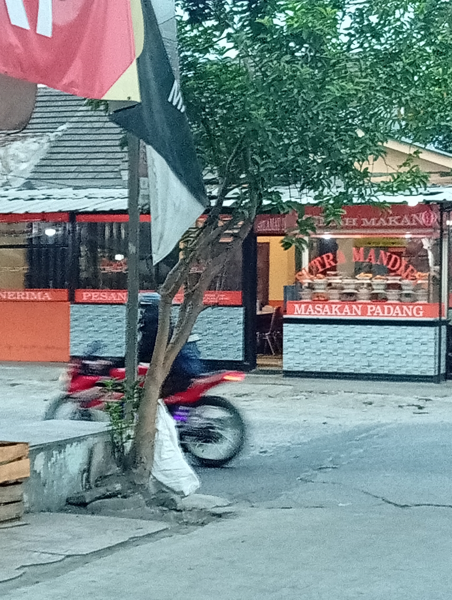 This image depicts a street scene in Wanajaya, Indonesia, with a food stall prominently featured. The stall, identified as "PUTRA MANDIRI MASAKAN PADANG," specializes in Padang cuisine. It has a glass display showcasing various dishes. Above the display, the words "PUTRA MANDIRI" are visible in large red letters, and below, "MASAKAN PADANG" is also written in red. To the left of the stall, a red sign reads "TERIMA PESAN," indicating that orders are accepted. A red motorcycle is captured in motion, blurred by its speed, passing in front of the food stall. The environment includes a tree in the foreground and foliage in the background, suggesting an outdoor setting. The stall is situated near a building with a tiled roof.