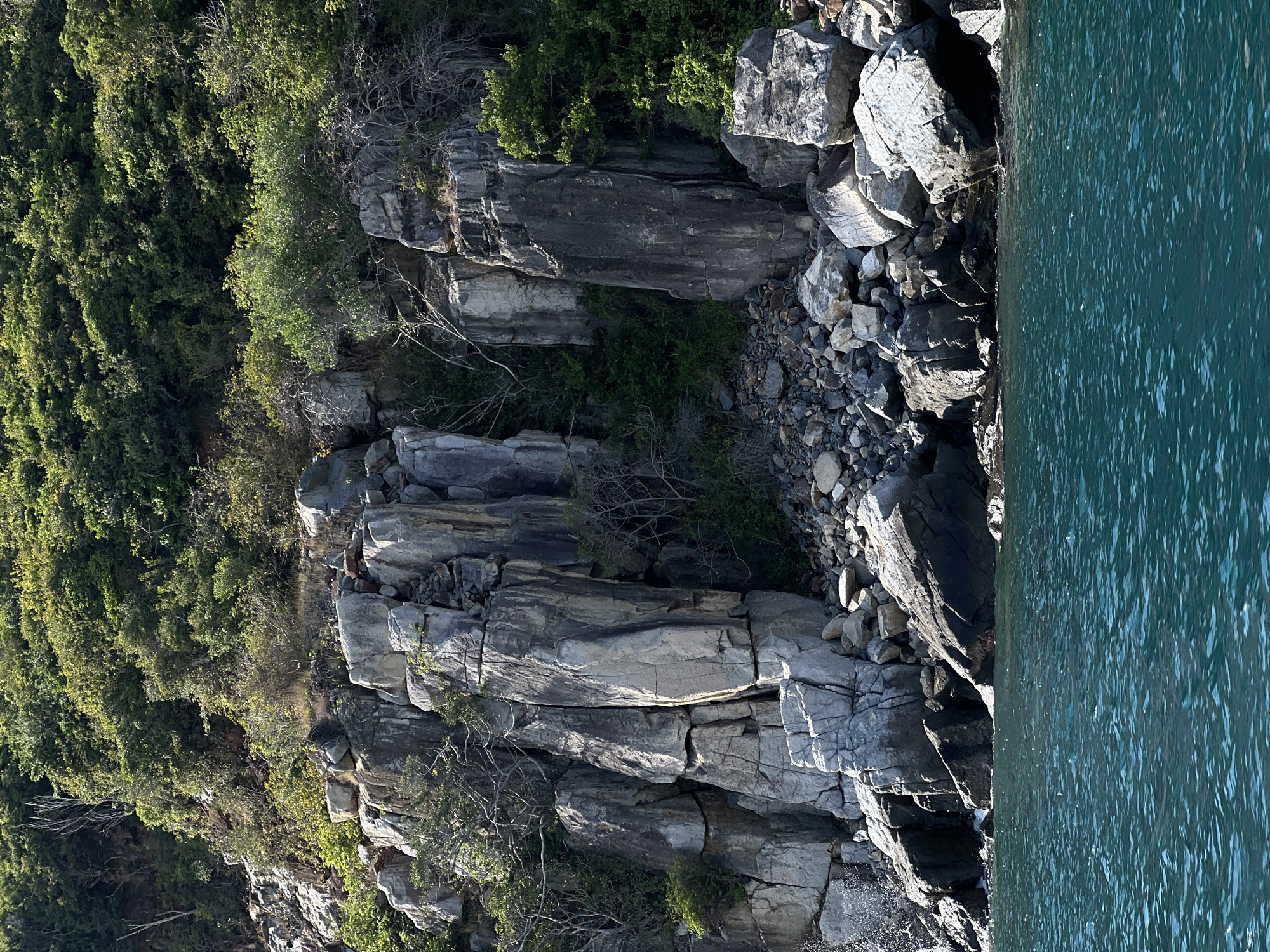 The image shows a rocky cliff face alongside a body of water, likely a bay or sea. The cliff is composed of large, grey rocks and boulders, with vegetation growing on the upper portions and in crevices. The water appears slightly choppy and reflects sunlight. The photo is possibly taken in or near Nha Trang Ward, Vietnam, based on the prompt, but specific landmarks are not visible to confirm the location definitively. The overall scene depicts a natural, coastal landscape.