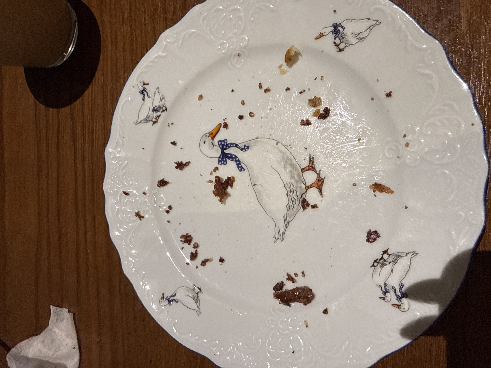 A white ceramic plate with a decorative embossed border and images of geese is positioned on a wooden table. The plate is partially covered with crumbs, suggesting it was recently used for food consumption. Several goose illustrations are visible on the plate, some wearing blue bow ties. In the background, a glass with a dark liquid casts a shadow on the table. To the left of the plate, a crumpled white paper napkin is present. The scene depicts the aftermath of a meal. There is no information in the image to determine its location in Moscow, Russia.