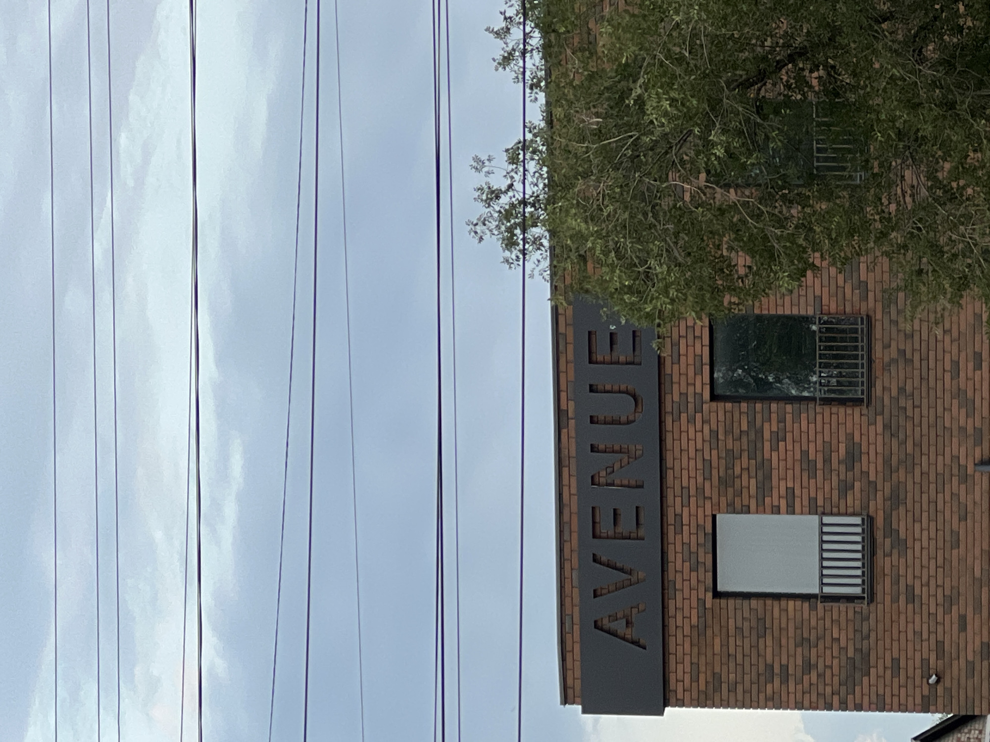 An exterior shot shows a brick building with the word "AVENUE" spelled out in large, dark letters across the top. The building has at least two windows, one to the left with a gray pane and a black railing below it, and another to the right with a dark pane and a similar black railing. A large green tree partially obscures the right side of the building. Several horizontal power lines are visible in the sky above. The scene appears to be a daytime shot, likely in Oral, Kazakhstan, given the provided context. No people are visible in the frame.