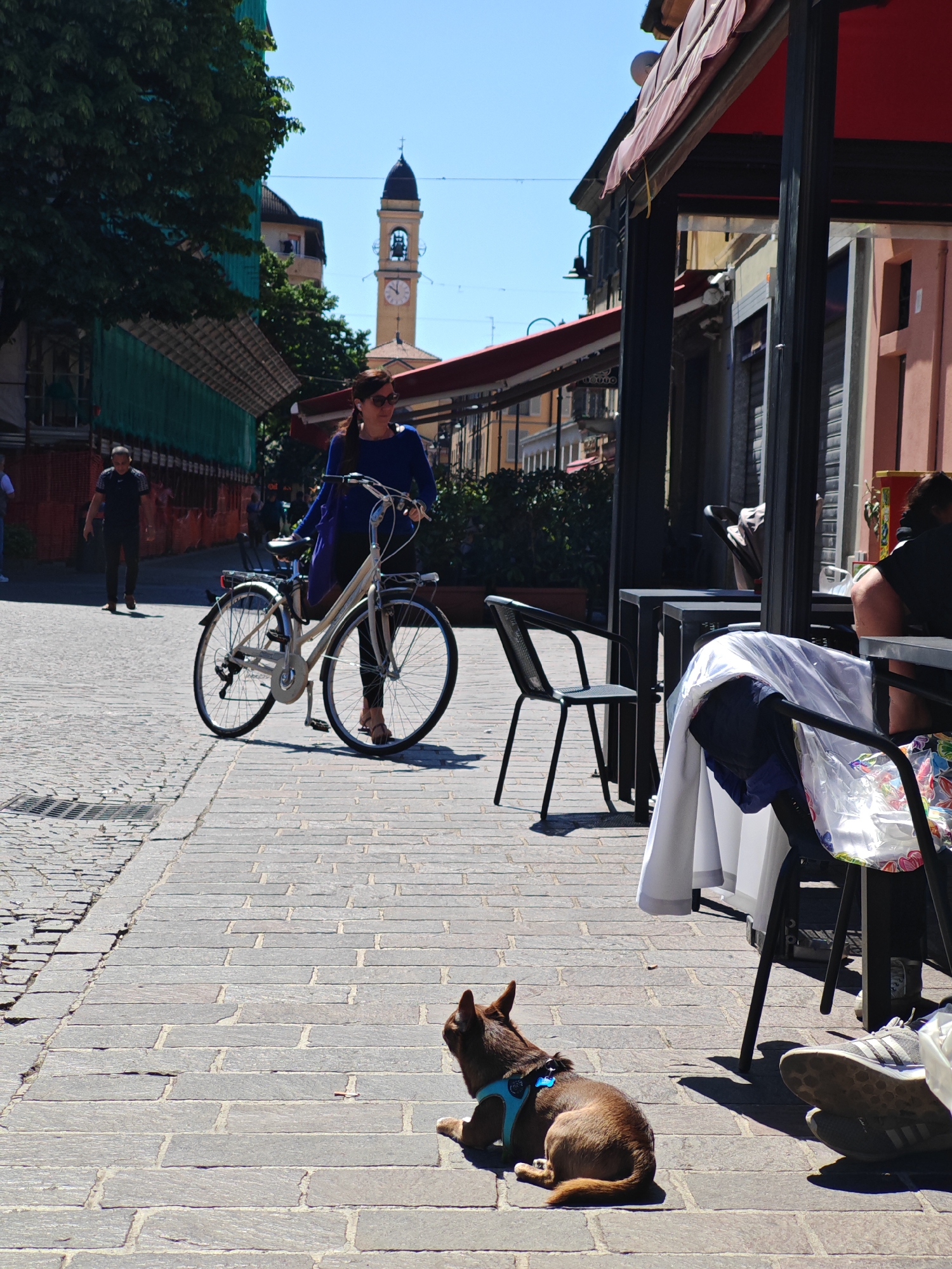 The image depicts a street scene in what appears to be a European town, possibly in Unknown, Unknown. The street is paved with cobblestones and is partially shaded. In the foreground, a small brown dog wearing a blue harness is lying on the ground. Nearby, a person is seated at an outdoor cafe table, and their feet and sneakers are visible under the table. A white shirt and a shopping bag hang from the chair.
A woman is walking a bicycle down the street. She is wearing a blue long-sleeved shirt, dark pants, and sandals. She has sunglasses on and is holding the handlebars of the bicycle. Further down the street, a man is walking away from the camera.
In the background, there is a clock tower visible between buildings, suggesting the presence of a significant public structure. The sides of the street are lined with buildings, some of which have awnings or canopies extending over outdoor seating areas. There are trees and other greenery interspersed among the buildings. The sky is clear and blue.