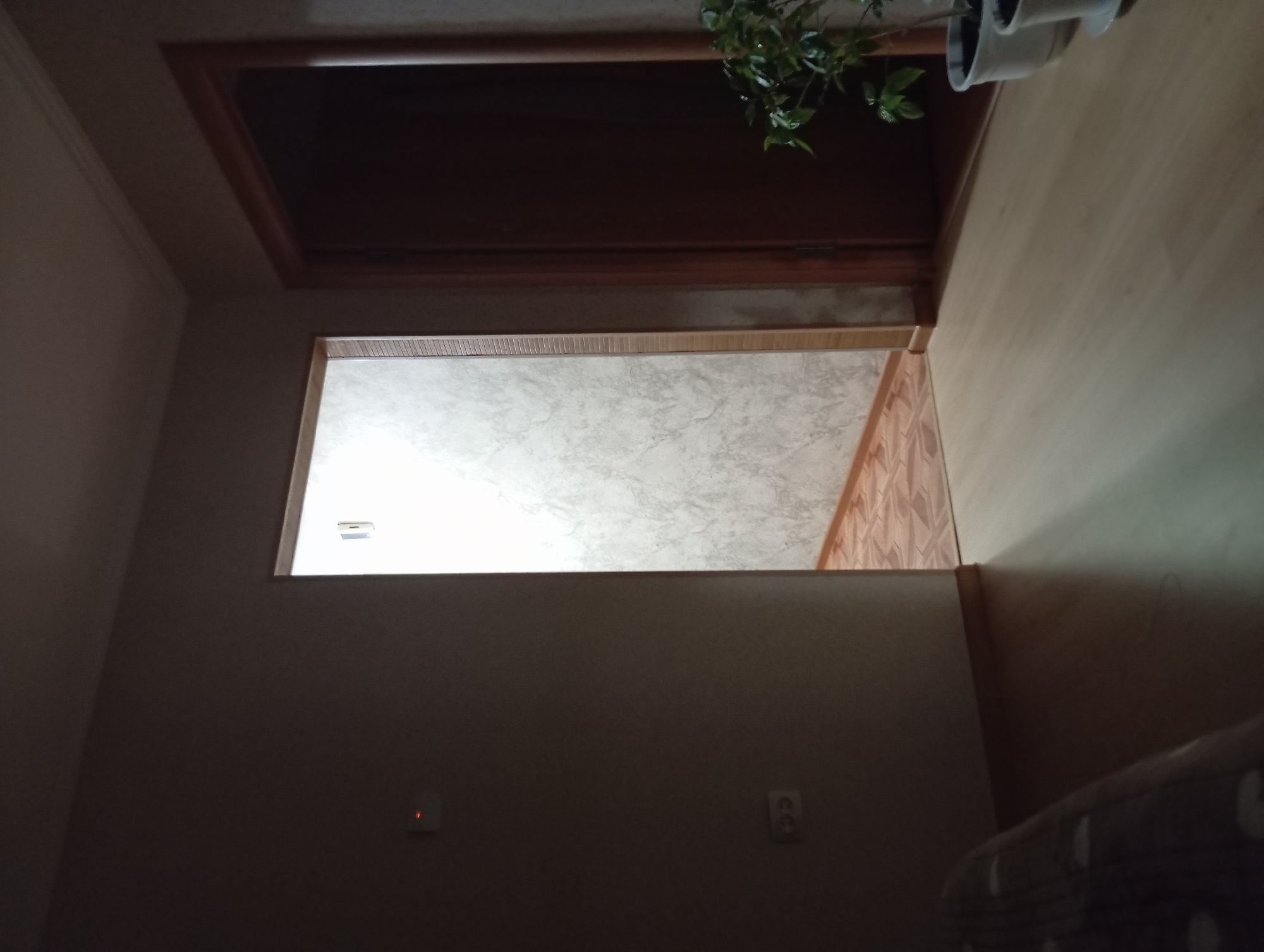 This media file depicts an indoor scene, likely a hallway or transition space within a residence. The primary subjects are architectural elements: a dark wooden frame with a dark, likely wooden, panel or opening above, and a rectangular opening below. This lower opening reveals a patterned wall. To the right, a section of light-colored wooden paneling is visible.
There are no people or overt activities taking place in the scene. The lighting suggests it is daytime, as light streams from the rectangular opening. The overall impression is one of an interior architectural feature, possibly a doorway or an opening leading to another area.
Notable details include what appears to be a plant in a pot situated above the dark wooden frame, its leaves casting shadows. Below the rectangular opening, on the wall, there is a small square object with a red light illuminated, possibly a smoke detector or a status indicator. To the right of this, a standard electrical outlet is visible. The walls are painted in neutral tones. The scene is still and devoid of any apparent action or emotion. No visible text is present. The provided location context is Temryuk, Russia.