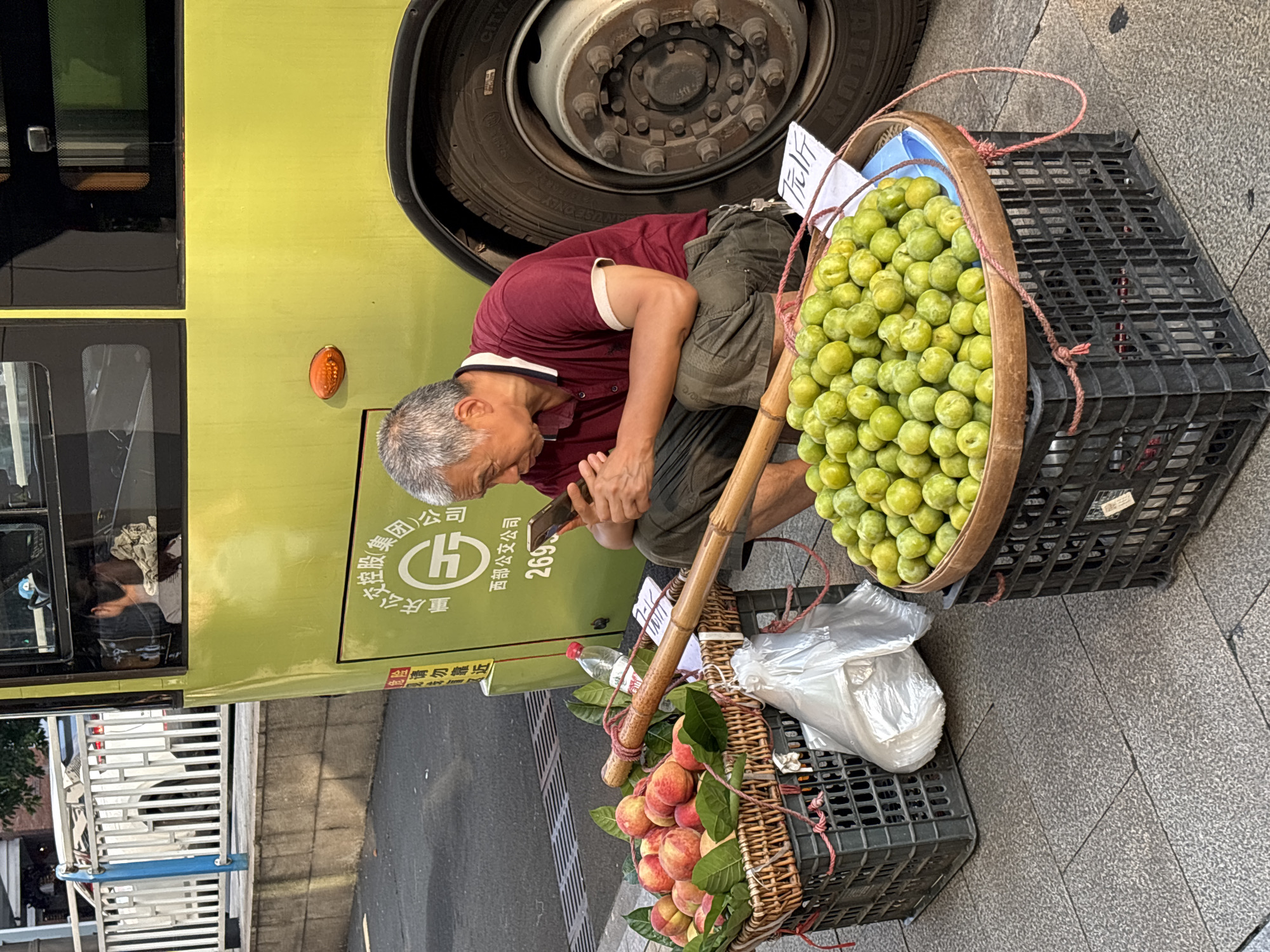 An elderly East Asian man is sitting on a sidewalk in the Yuzhong District of Chongqing, China, next to a bright green bus. The man, wearing a maroon polo shirt and dark shorts, is holding a smartphone in his right hand and looking down at it. In front of him are two baskets of fruit: one containing several ripe peaches and the other a large quantity of small, green plums. A bamboo pole rests across the baskets. A plastic bag and a water bottle are also visible near the fruit. The bus has Chinese writing on its side, including a logo and the number "269". The sidewalk is paved with grey tiles, and a metal railing with blue accents is visible in the background. The scene appears to be a street vendor's stall.