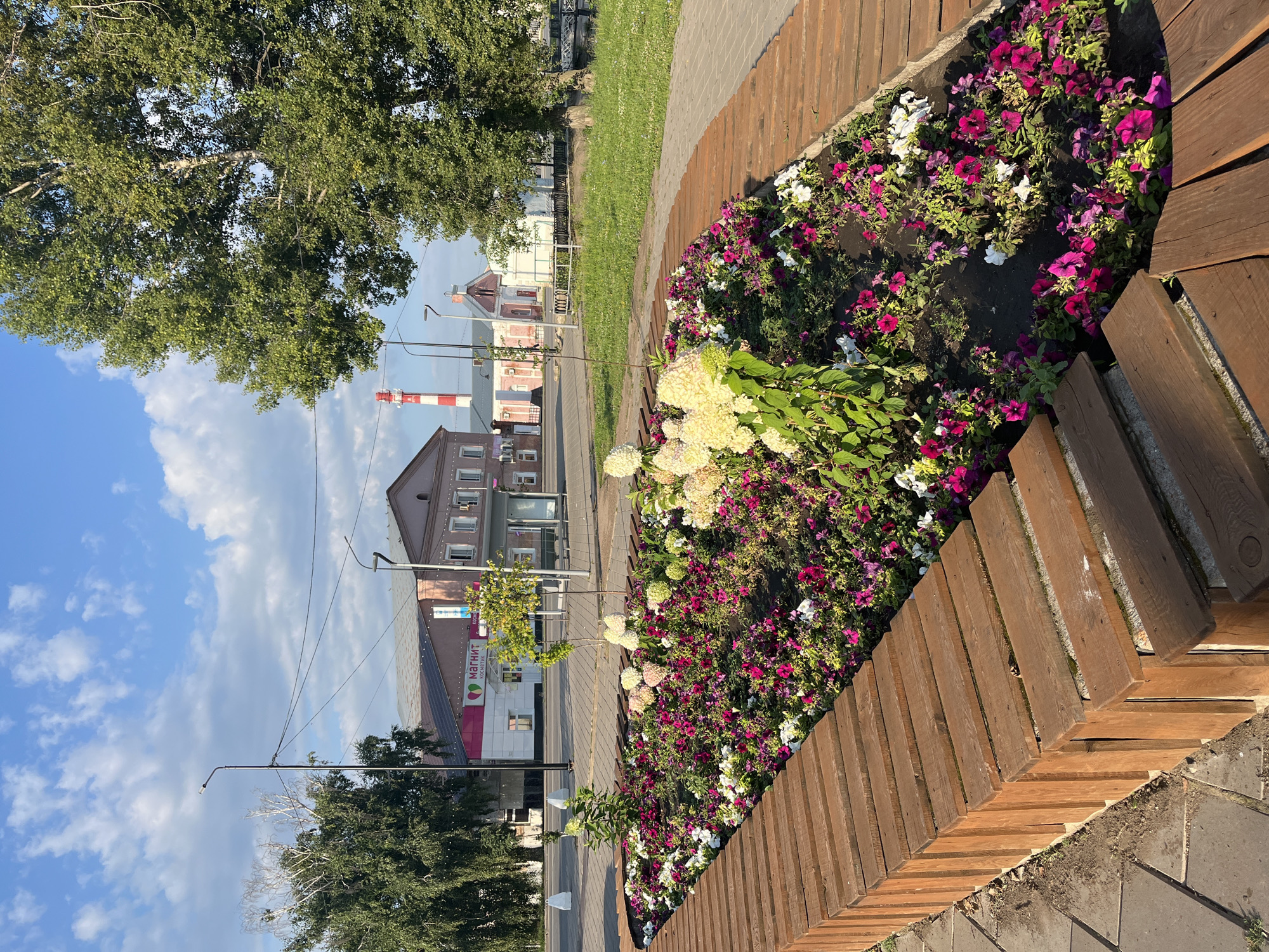 The image shows a well-maintained flower bed in the city of Novye Turbasly, Russia, featuring a variety of colorful flowers, including pink petunias and white hydrangeas. The flower bed is bordered by a wooden structure, possibly a bench or decorative edging, made of horizontal wooden planks. In the background, there are buildings, trees, and a clear blue sky with scattered clouds. One building has a sign that reads "МАГНИТ КОСМЕТИК," indicating a cosmetic store. A tall, red and white striped industrial chimney is visible in the distance, along with streetlights and power lines. The scene appears to be a public space, possibly a park or a town square, in the early morning or late afternoon, given the quality of the light. No people are present in the image.