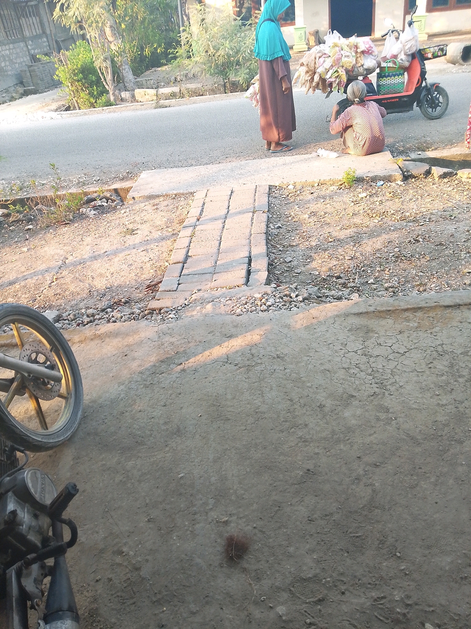 In Wadang, Indonesia, a street scene unfolds with two individuals and a motorbike laden with goods. A woman wearing a turquoise hijab and a long brown dress stands on the left, facing the motorbike. To her right, a second woman is crouched down, seemingly attending to something on the ground in front of the motorbike. The motorbike, an orange electric model branded "ALBATROS," is heavily laden with plastic-wrapped goods, suggesting it is used for vending. The environment is a roadside with a paved pathway and a dirt shoulder. In the foreground, a motorcycle wheel and part of its engine are visible, indicating the presence of another vehicle. The overall setting appears to be a rural or semi-urban area, with a building and trees visible in the background. The lighting suggests it is either early morning or late afternoon, casting long shadows.