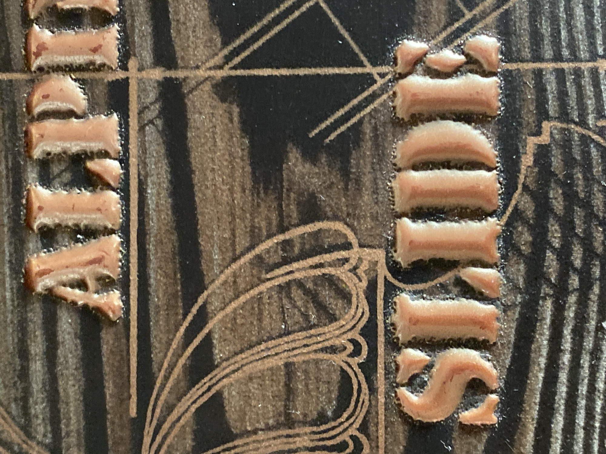 The image shows a close-up of embossed text on a dark, textured surface, likely wood. The embossed text appears in a reddish-orange, metallic-like material. The top line of text reads "ALPI". Below this, some decorative lines resembling a fan or umbrella are visible. The bottom line of text reads "SLIDE". The surface has a wood grain pattern. There is no indication of any specific location in Novokuznetsk, Russia, or any people or actions.