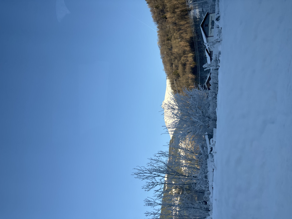 A vibrant winter landscape under a brilliant, clear blue sky is depicted in this image. A faint white contrail is visible high in the sky. In the foreground, a pristine expanse of deep, untouched snow covers the lower portion of the frame. To the right, several bare trees and bushes are heavily coated in sparkling white frost, catching the bright sunlight.
Beyond the frosted vegetation and snowy ground, a majestic, snow-covered mountain peak rises in the mid-ground. To its right, a dense forest, primarily composed of bare deciduous trees with some evergreens, covers a sloping hillside. Thin power lines traverse this forested slope. Further up the hillside, towards the upper right of the image, a house or chalet with a dark roof and light-colored walls is nestled among the trees.
The scene captures a serene, cold, and sunny winter day, likely morning or early afternoon, characterized by bright light and distinct shadows. No people or specific activities are visible, emphasizing the natural beauty of the mountainous region. The setting is consistent with a winter scene in Séez, France. There is no visible text.