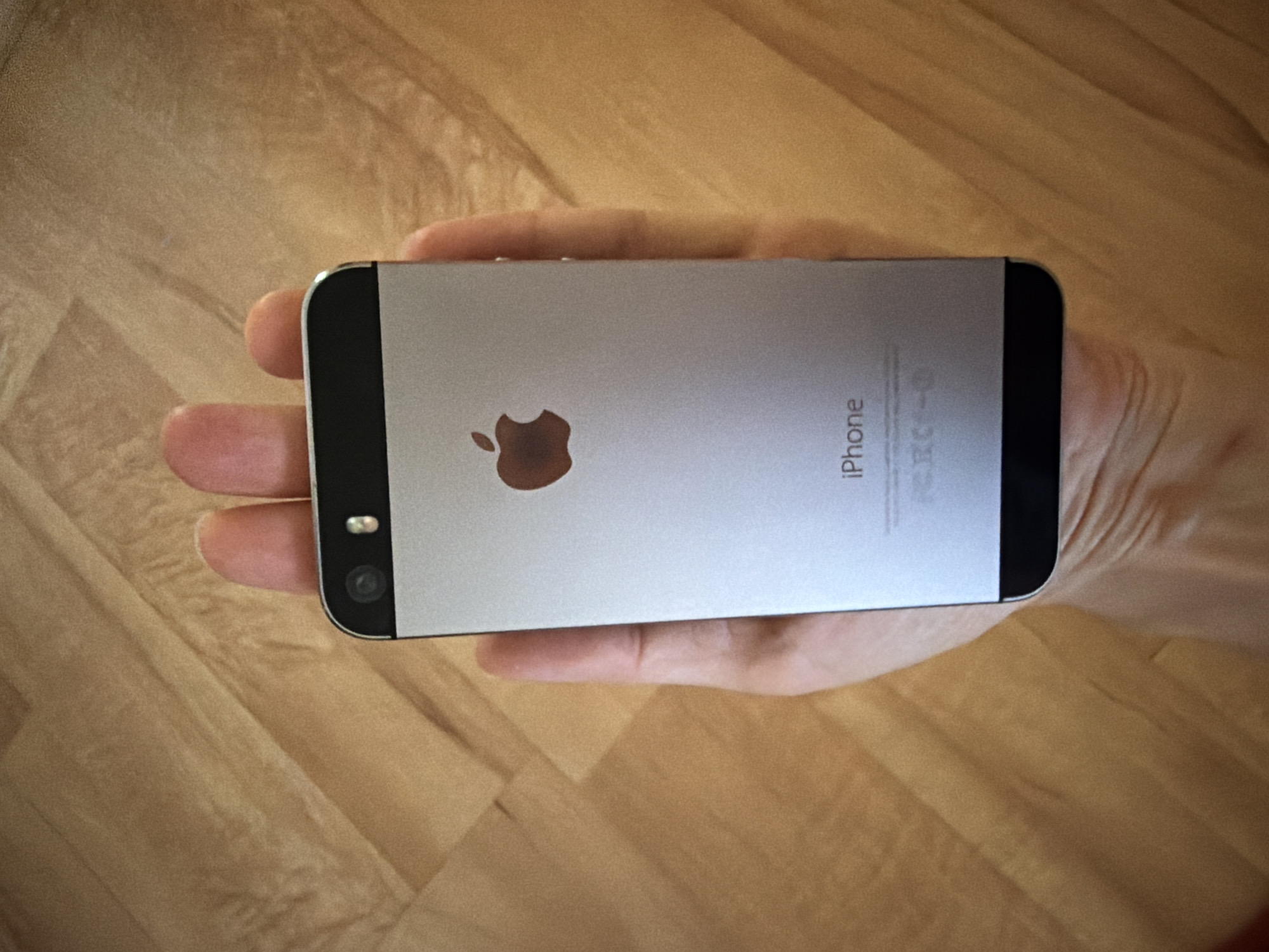 A silver iPhone 5s is held in a person's hand. The iPhone's back is visible, displaying the Apple logo and the word "iPhone." The background is a wood-patterned surface. The location in the city of Kamyshin, Russia, is not discernible from the image.