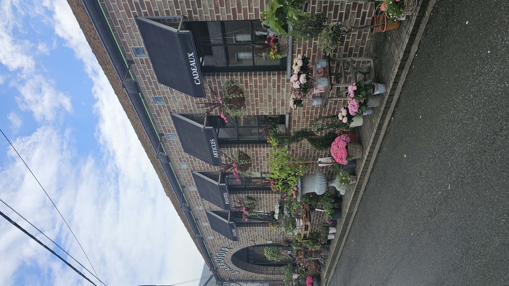 The image captures the exterior of a brick building, likely a shop, specializing in flowers, plants, and gifts, located in Boussu-lez-Walcourt, Belgium. The building features a red brick facade with several dark-framed windows, each protected by a black awning.
Four black awnings are visible, displaying white text in French. From right to left, these read: "CADEAUX" (Gifts), "ARTICLES" (Items), "PLANTES" (Plants), and "FLEURS" (Flowers). Below the "FLEURS" awning, an arched sign is partially visible, possibly part of the shop's name, ending in "ROSOR."
The sidewalk in front of the shop is extensively decorated with a vibrant array of plants and flowers. Prominent pink hydrangeas are displayed in various containers, including terracotta pots, grey metal buckets, wicker baskets, and ornate grey urns. Other foliage and flowering plants are arranged on wooden crates and shelves, or hang in baskets from the facade.
The setting is an urban or semi-urban environment, with a paved sidewalk running along the building's front, bordering an asphalt road. The sky above is blue with scattered white, wispy clouds, indicating daytime and clear weather. No people are visible in the scene. Notable details include decorative square tiles integrated into the brickwork above the awnings, a green trim along the roofline, and utility wires visible against the sky in the upper left.