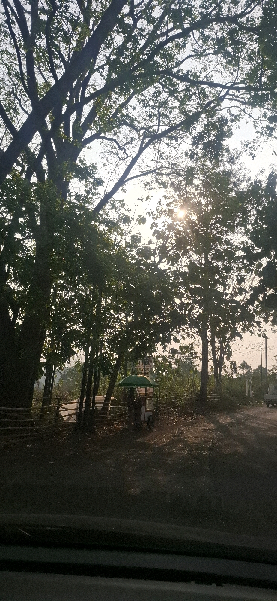 This is a vertical, medium shot photograph taken from a vehicle, looking out towards a roadside scene in Cibinong Hilir, Indonesia. The sun is low in the sky, casting long shadows and creating a lens flare effect through the leaves of large trees. In the mid-ground, there is a small cart with a green umbrella, possibly a food or drink vendor, with two figures standing near it. A rustic wooden fence runs along the side of the road, separating it from a slightly elevated area with more vegetation. Further in the background, there are more trees and a glimpse of what appears to be a hazy, possibly rural landscape. The foreground shows the interior of the vehicle, with the dashboard and windshield visible, suggesting the photograph was taken from the driver's or passenger's seat. The overall lighting suggests it is either early morning or late afternoon.