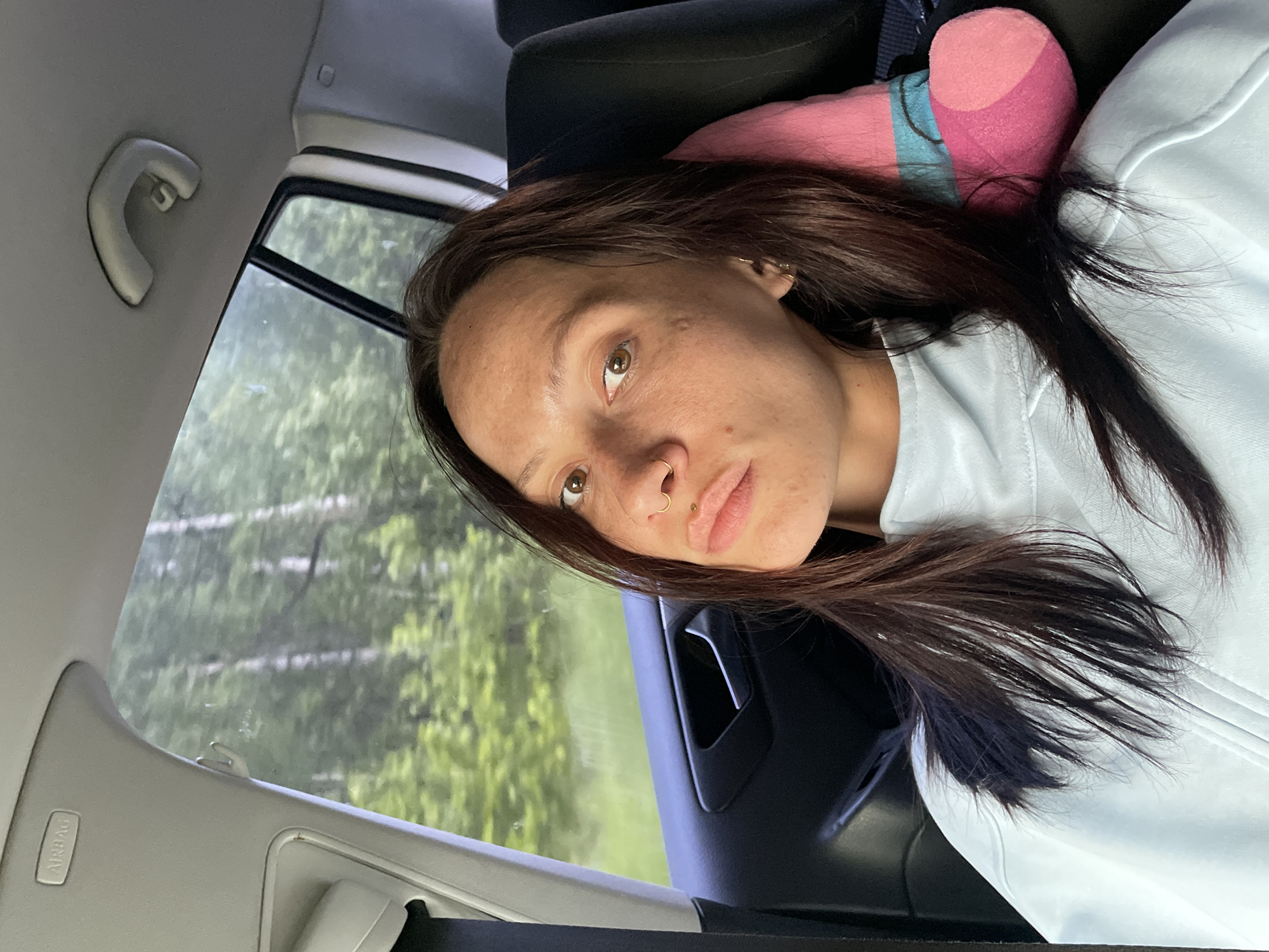 A female individual with medium-dark brown hair, brown eyes, and a tanned complexion with visible freckles is seated in the rear passenger seat of a vehicle, looking directly towards the camera. She has a gold-colored hoop piercing in her left nostril and a small gold stud piercing above her upper lip. Her lips are slightly pursed, and she is wearing a light blue, long-sleeved top with a zipper detail. A pink and light blue object, appearing to be a neck pillow or plush toy, is positioned behind her head against the black car seat. The vehicle's interior features a grey headliner with an "AIRBAG" label visible on the overhead panel to the left, a grey grab handle above the right rear window, and a black door panel with a silver handle on the left. Through the car windows, a blurred natural landscape of green trees and foliage is visible, indicating the vehicle is in motion. This scene is located in Pavlovka, Russia.