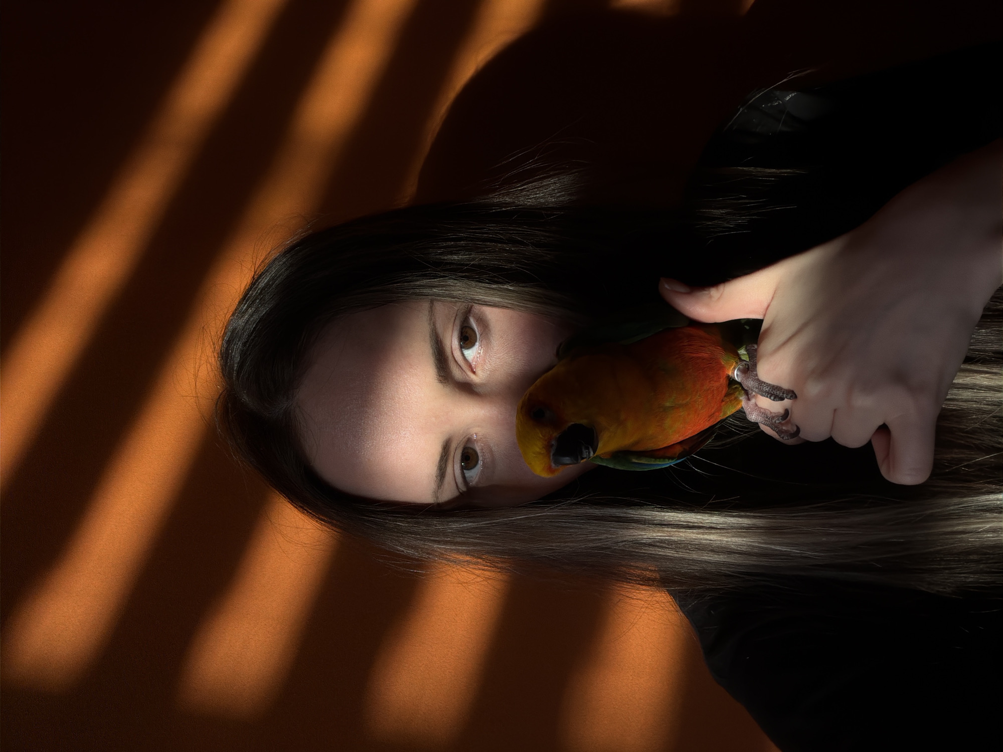 A close-up portrait photograph, reportedly taken in Khimki, Russia, depicts an individual with a parrot against an orange-brown wall. The subject is a female with long, dark hair. The lower half of her face, including her nose and mouth, is obscured by a vibrant orange, yellow, and green parrot, identifiable as a Sun Conure, perched on her right hand. Her left eye is visible and directed towards the camera, while the right side of her face is largely in shadow. A silver band is present on the parrot's right leg. The background wall exhibits a textured surface with distinct parallel horizontal stripes of light and shadow, suggesting illumination from an external light source passing through a slatted obstruction, such as blinds. The individual is wearing a dark-colored garment.