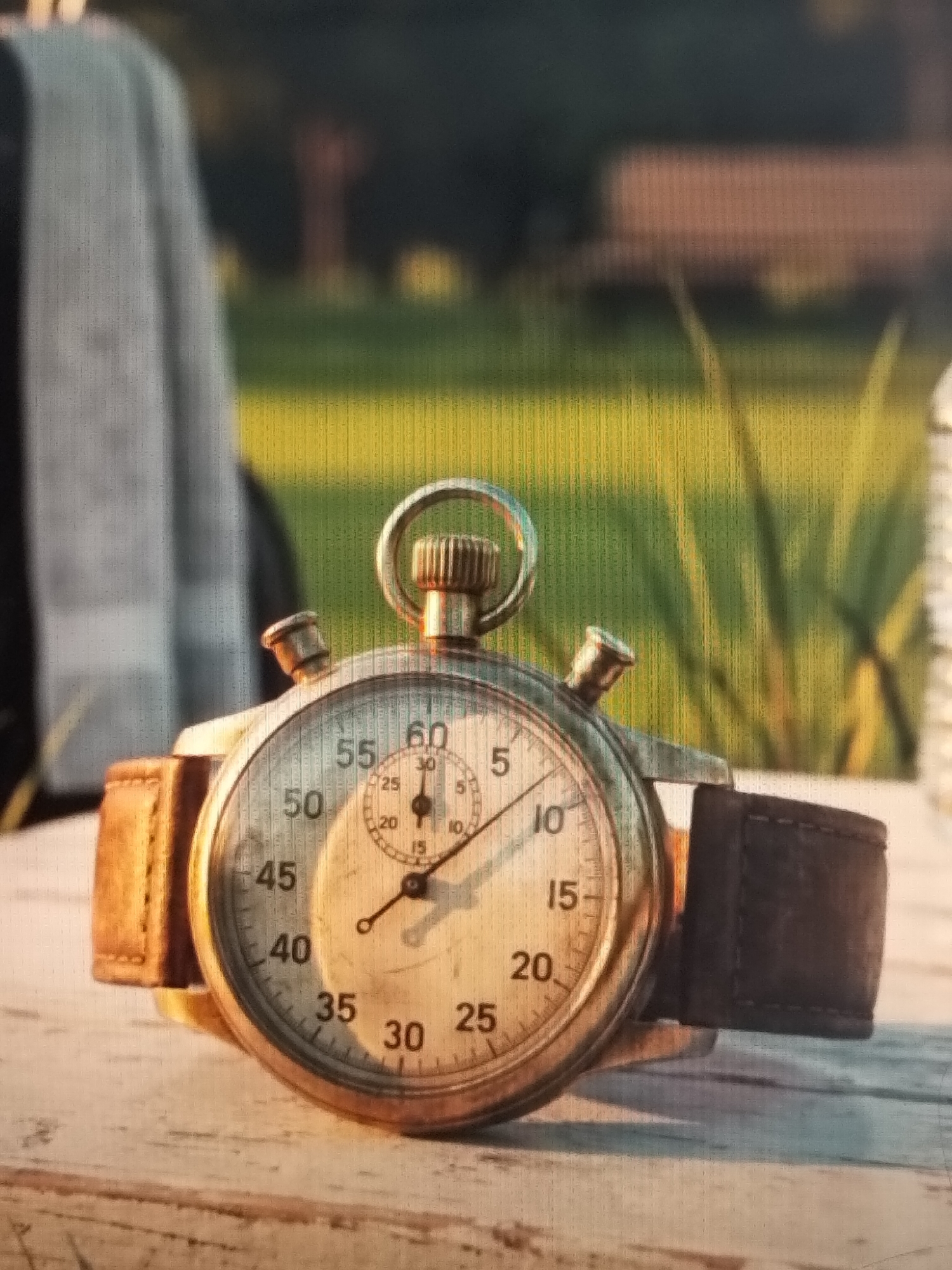 A close-up, slightly angled shot shows a vintage stopwatch with a leather strap resting on a light-colored wooden surface. The stopwatch has a silver-toned metal casing with a golden rim around the dial. The dial is white with black numerical markers and hands. A smaller sub-dial is visible at the top of the main dial. The stopwatch has two buttons on the top, one for starting/stopping and another for resetting. The background is blurred, showing a yellowish-green field of grass or reeds with some darker shapes, possibly trees or structures, in the distance. The lighting suggests it is either early morning or late afternoon, with a warm glow on the stopwatch. The image does not contain any people or indicate a specific location in the city of Payagaboh, Indonesia.
