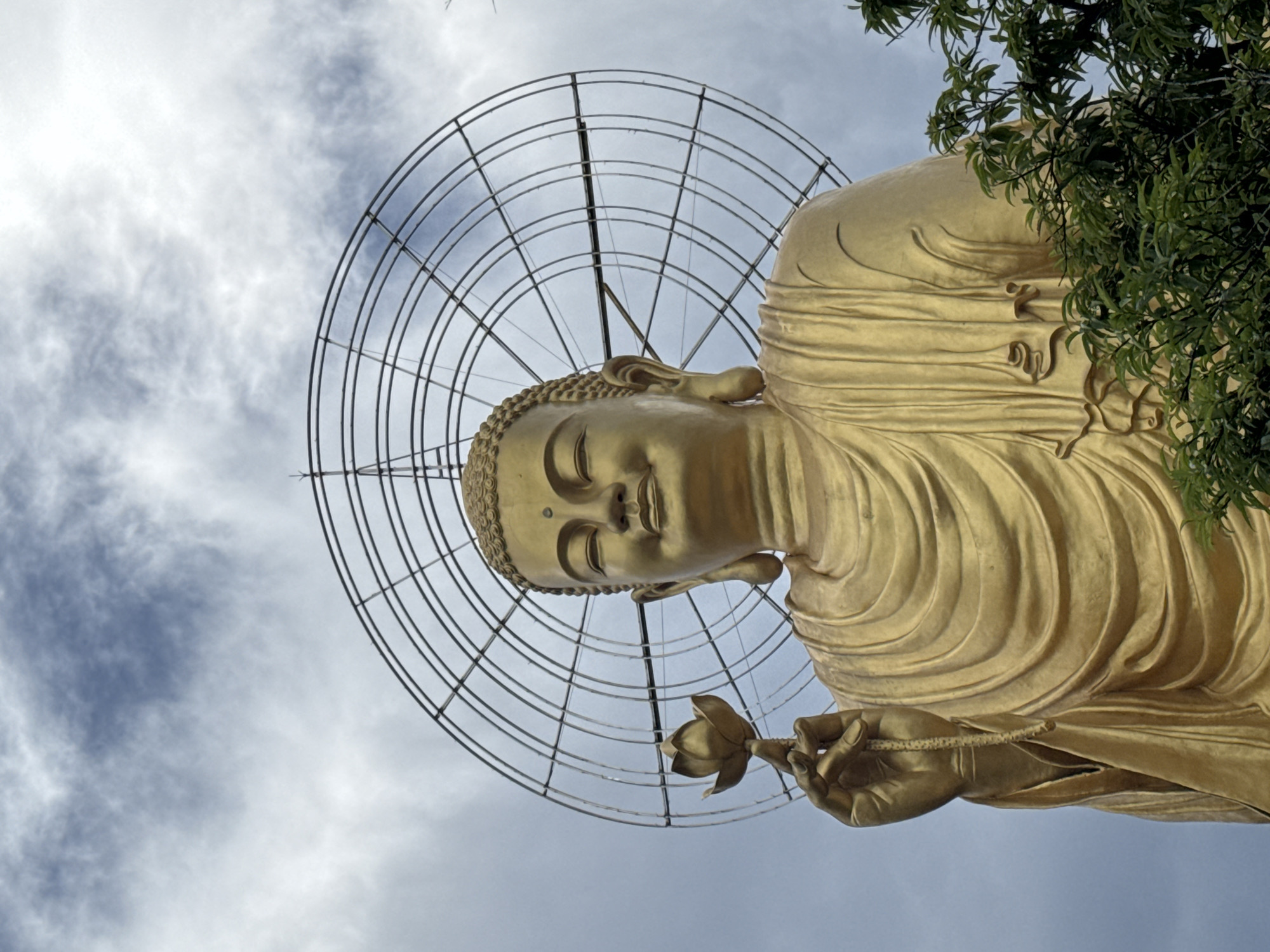 A low-angle, close-up shot features a large, golden Buddha statue against a cloudy, pale blue sky. The statue is depicted from the chest up, with its right hand holding a lotus flower. The Buddha has closed eyes and a serene expression. Behind the statue, a large, circular, metallic halo or screen is visible, composed of concentric rings and radial supports. The bottom right of the image shows the tops of lush green trees, partially obscuring the lower portion of the statue. This is the Big Buddha statue at Linh An Pagoda, located in the Lâm Viên district of Đà Lạt, Vietnam.