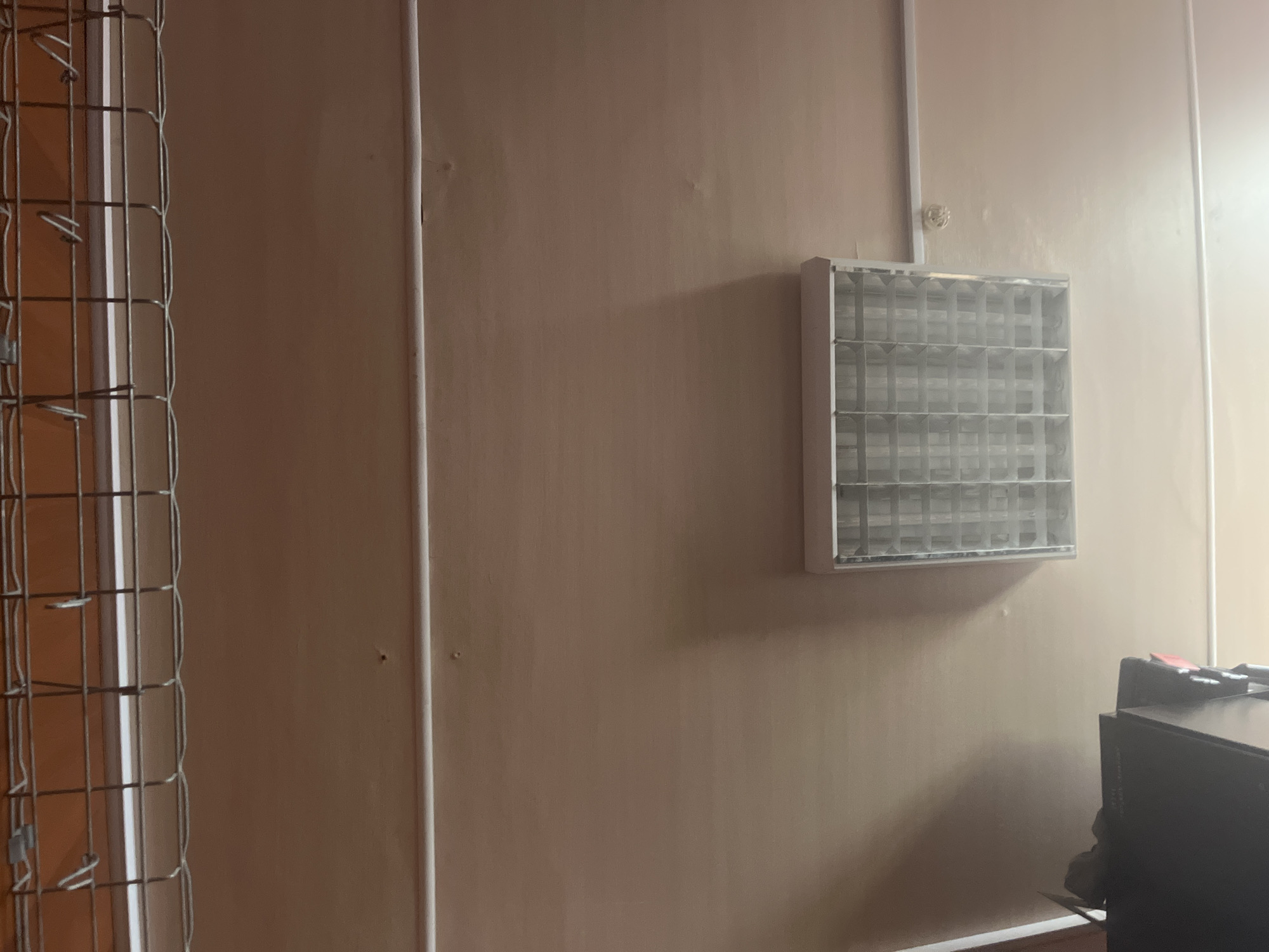 The image depicts a ceiling in what appears to be an indoor environment. Prominently featured is a fluorescent light fixture with a grid diffuser, positioned in the lower center of the frame. Above this, a white conduit or pipe runs horizontally across the ceiling. Towards the top of the image, a metal grate structure is visible, possibly part of a ventilation system or a suspended ceiling support. The ceiling itself is painted a light, neutral color and shows some minor imperfections, such as small dimples or marks. To the left, a portion of a dark object, possibly a piece of furniture or equipment, is partially visible at the bottom edge. The overall lighting suggests it could be daytime, with some ambient light reflecting off the ceiling surfaces. There is no indication of the specific location being Kyzylkum, Kazakhstan, as this information is not visually present in the image.