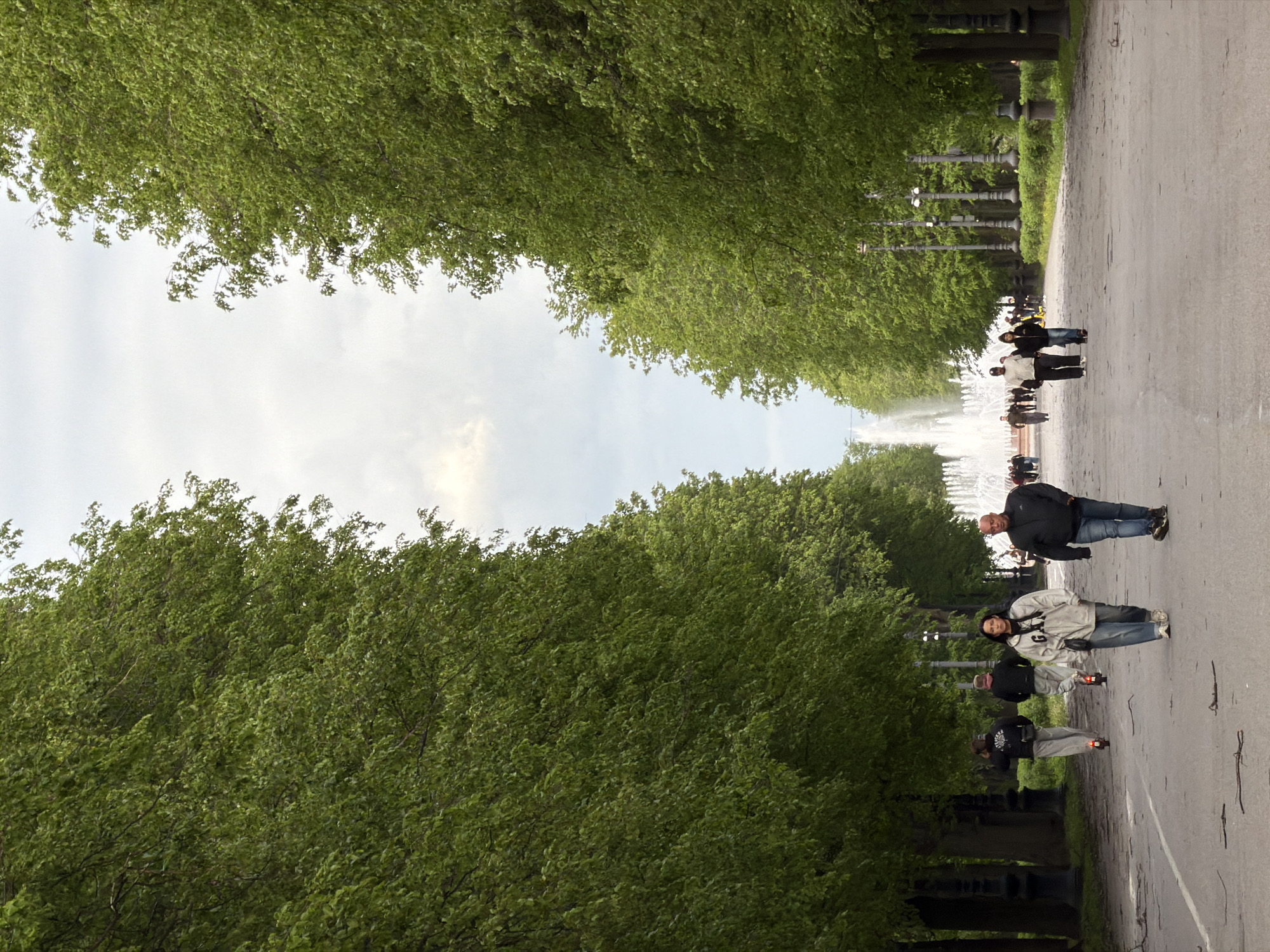 A street scene in Saint Petersburg, Russia, displays a long, straight walkway flanked by dense trees on both sides, forming a tunnel-like effect. A series of decorative lamp posts line the walkway's edge. In the distance, a large fountain sprays water high into the air. Several people are walking along the walkway, some in pairs, others alone. The sky is overcast, and the light is diffused.