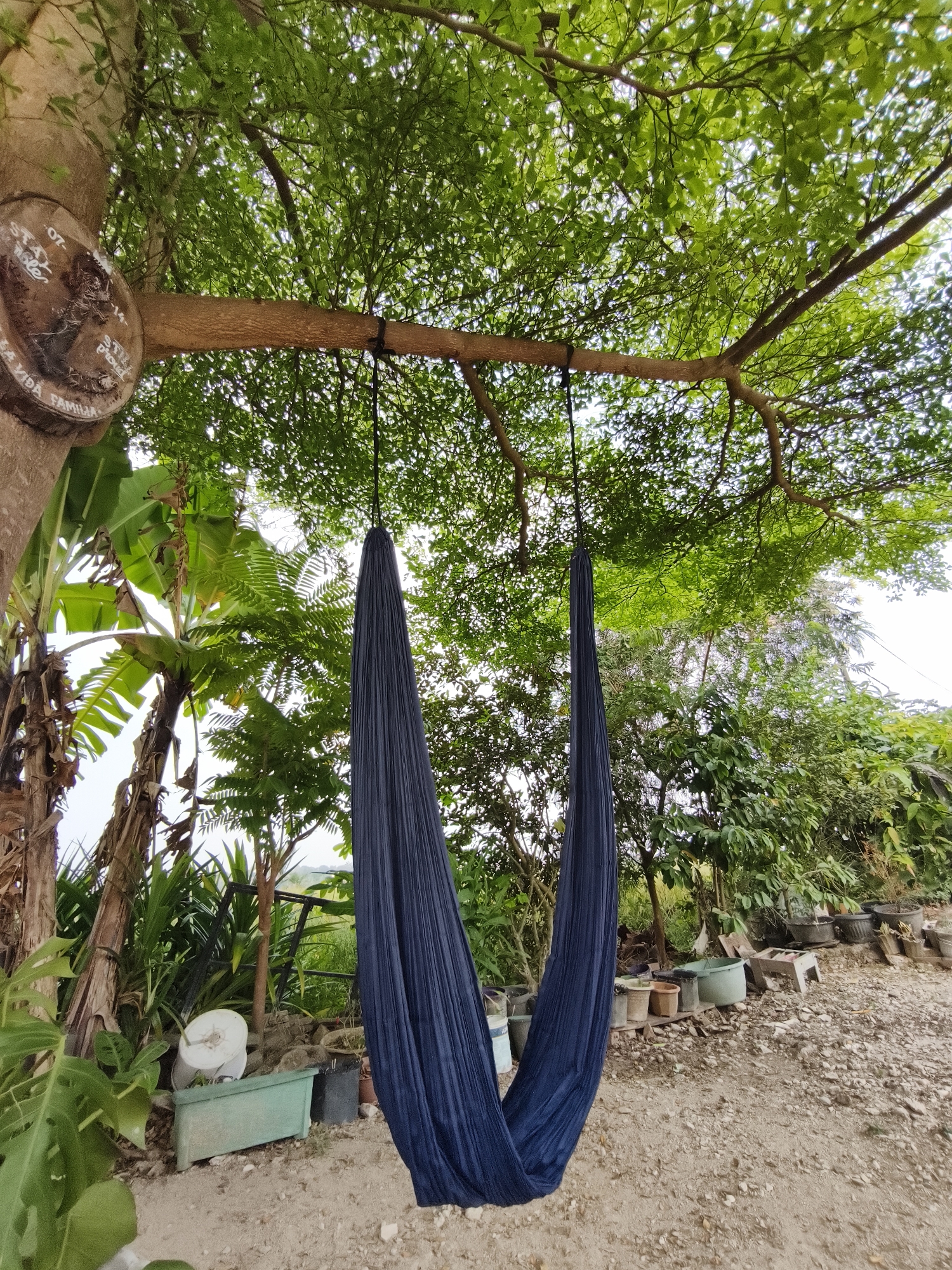 A navy blue hammock hangs from a tree branch in a cluttered outdoor area. The hammock is suspended by ropes from the branch. The tree has a circular wooden marker attached to its trunk, featuring text and an image. Lush green foliage, including banana trees, surrounds the area. In the background, various potted plants and gardening supplies are visible, along with a dirt path. The scene appears to be a garden or yard. The image shows the exterior of what might be a property in a tropical or subtropical region, possibly in Bandar Lampung, Indonesia, given the vegetation and general aesthetic. There are no people or animals visible in the image.