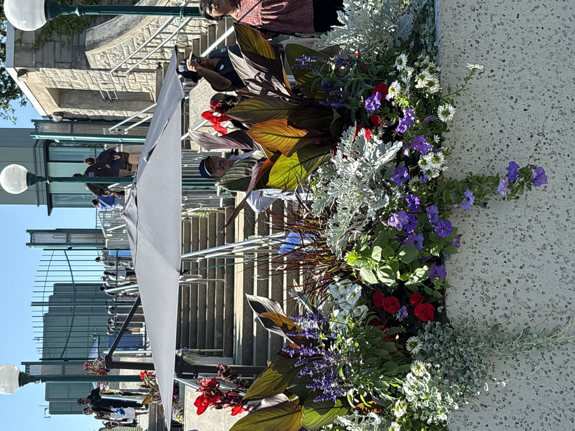 The image shows a bright, sunny outdoor scene with a large flower planter in the foreground. The planter contains a variety of colorful flowers, including red, purple, and white blooms, along with large green and reddish-brown leaves. Some of the plants cascade over the edge of the planter. In the background, a large gray umbrella shades a set of stone stairs. Several people are visible walking up and down the stairs and standing near the top. The architecture in the background includes stone buildings with arched entrances and metal railings. The overall impression is of a public space, possibly a tourist area, given the presence of people and the elaborate landscaping. The location appears to be a bustling area with a lot of foot traffic and a clear blue sky overhead. The setting is consistent with a location in the City of Niagara Falls, United States of America, potentially near a viewpoint or attraction.