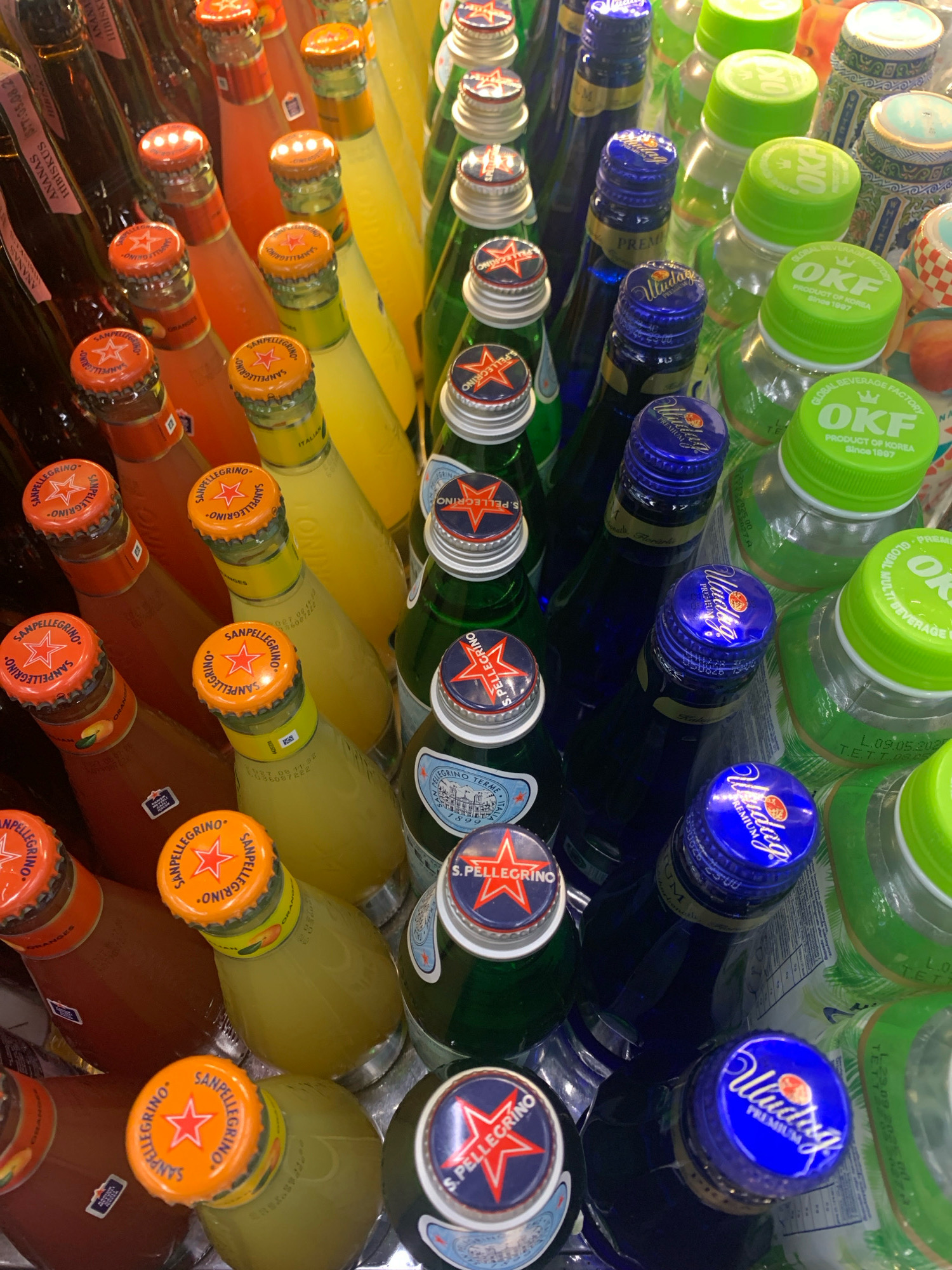 The image depicts an assortment of bottled beverages, predominantly soft drinks and mineral water, arranged in a tightly packed display. The bottles are varied in color and label design, featuring prominent brands such as Sanpellegrino, OKF, and others with blue and green caps. The beverages appear to be displayed for sale, possibly in a market or retail setting. The lighting suggests an indoor environment, with some reflections visible on the glass bottles. The background is indistinct, focusing attention on the product arrangement. The scene captures a commercial display of beverages without any human presence or discernible activity. The location in Beyoğlu, Turkey is not visually indicated by any landmarks or contextual elements within the image itself.