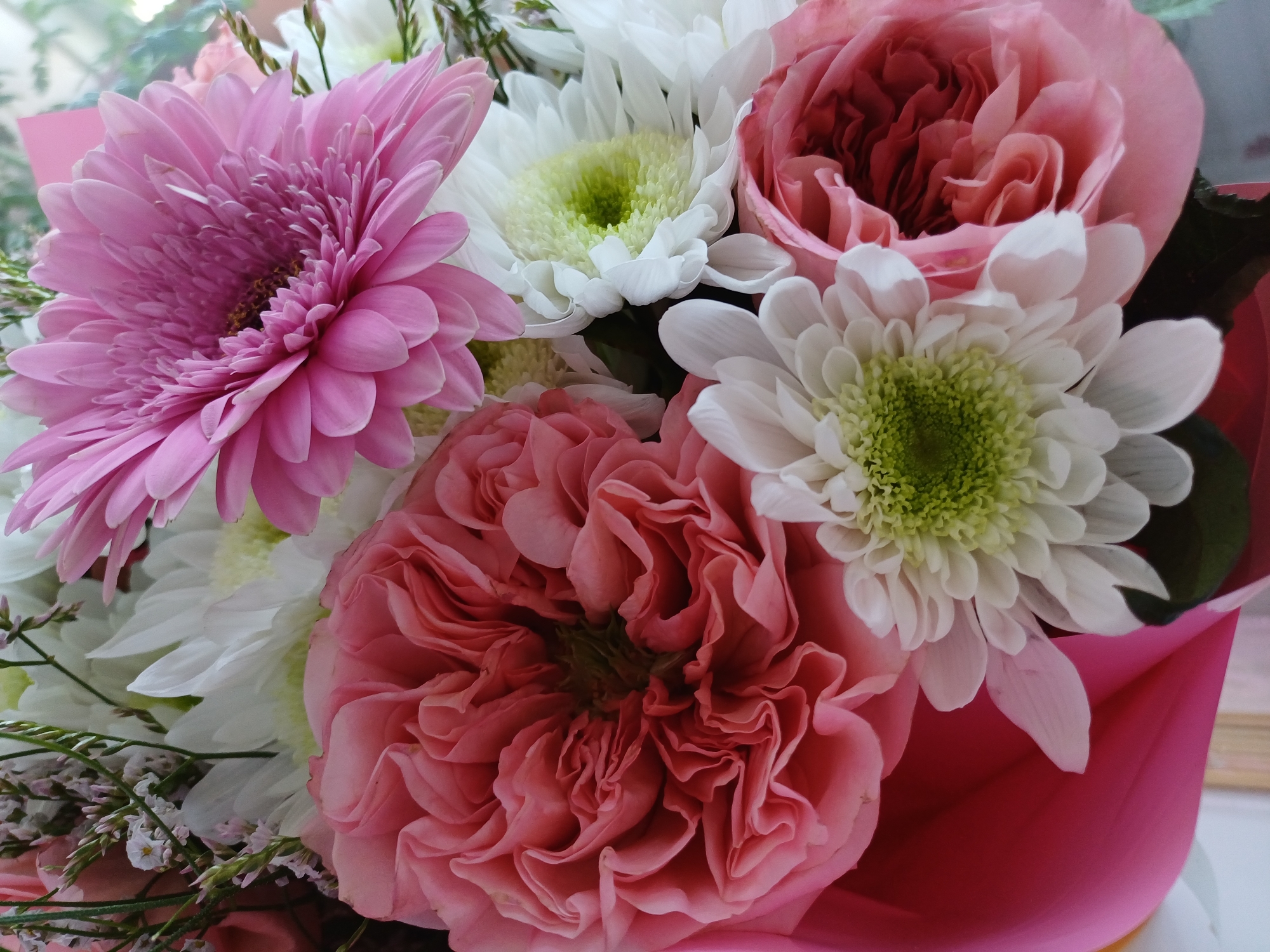 A close-up, overhead shot showcases a bouquet of flowers. Dominating the foreground is a large, richly textured pink rose with tightly packed, ruffled petals. To its right, a white chrysanthemum with a vibrant green center is visible, its petals fanning outwards. Above and slightly behind these flowers, a bright pink gerbera daisy with delicate, ray-like petals is the most prominent flower in the upper portion of the frame. Interspersed throughout the bouquet are smaller white flowers, possibly statice, adding a delicate, wispy texture. The flowers are arranged closely together, with hints of dark green foliage peeking through. The background is blurred, with a soft pink wrapping or ribbon visible on the lower left side. The lighting is soft and diffused, highlighting the vibrant colors and intricate details of the blossoms.