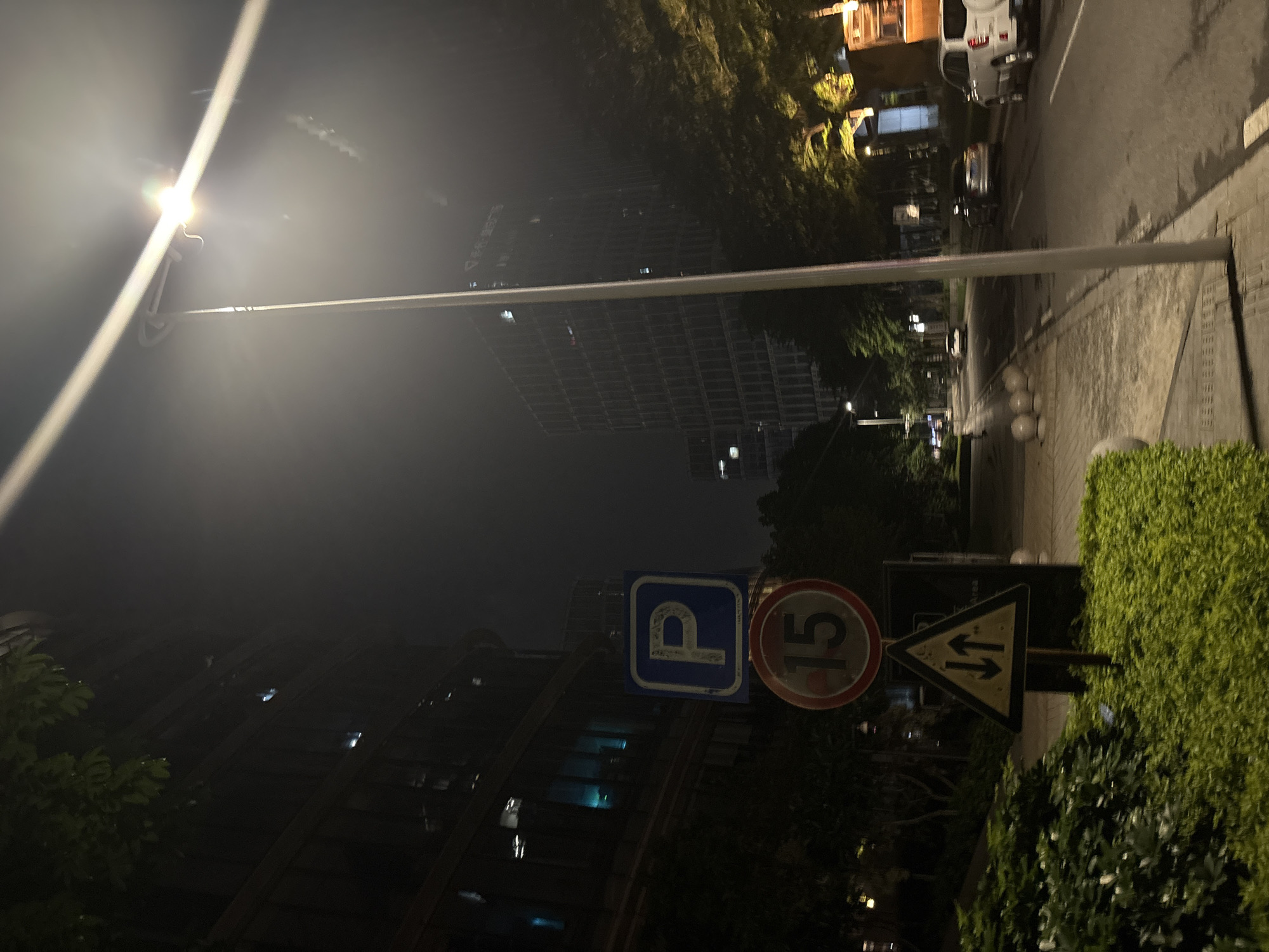 This media file depicts an outdoor scene at night, likely in an urban environment. The primary subjects include street signs, a lamppost, buildings, trees, and a road with a sidewalk.
A prominent lamppost with a bright light source is visible in the upper left portion of the image, casting a strong glare. In the middle ground, several street signs are mounted on poles. One sign is a blue square with a white "P," indicating parking. Adjacent to it is a circular red and white sign with the number "15" inside, suggesting a speed limit. Below these, a triangular yellow sign with black arrows pointing in opposite directions signifies a two-way traffic or a passing zone.
In the background, tall buildings with visible windows and lights are present, suggesting a commercial or residential area. The scene is dimly lit, characteristic of nighttime. Trees and lush green foliage line the sidewalk and are interspersed between the buildings. A road and a paved sidewalk are also visible, with a few spherical decorative elements along the edge of the sidewalk. The presence of parked vehicles, including a white SUV and other cars, further confirms an urban setting.
The time of day is clearly night due to the artificial lighting and the overall darkness. The weather appears to be clear, as there are no visible signs of rain or fog. The location cues, such as the style of buildings and street signs, combined with the provided location context of Haizhu District, China, suggest this is a street in that area. There is no discernible emotion conveyed in the image, and the activity appears to be static, focusing on the environment and its elements rather than an event.
Visible text includes the letter "P" on the parking sign, the number "15" on the speed limit sign, and possibly some text on the buildings, though it is too indistinct to be read.