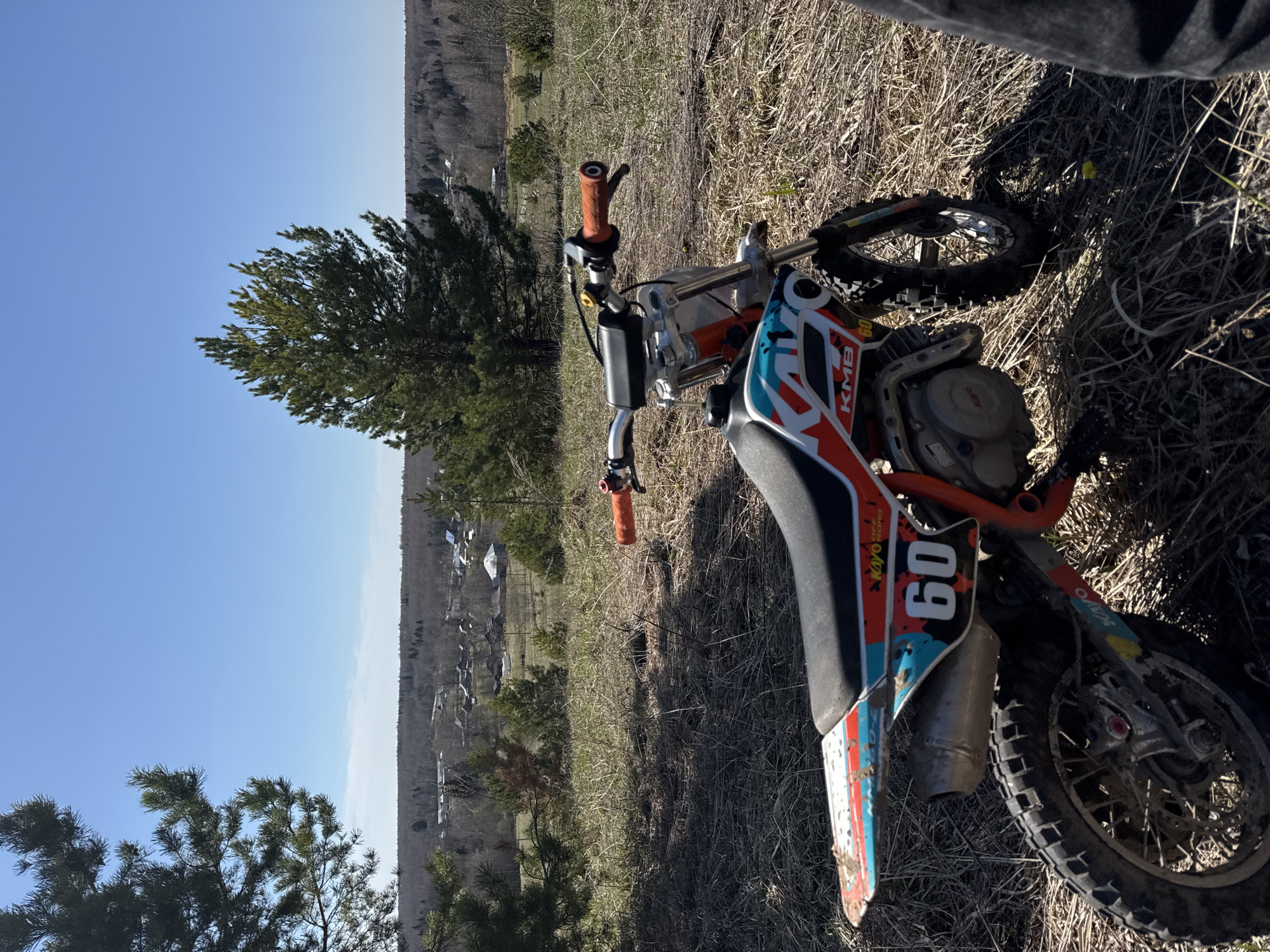 The image shows a small dirt bike lying on its side in a grassy field in Zhigalki, Russia. The bike is orange and white with the number "60" prominently displayed. The bike's front wheel is visible, with a knobby tire characteristic of off-road vehicles. The background consists of trees, a distant cityscape, and a clear blue sky. The angle of the photo suggests it was taken from a standing position, looking down at the bike.
