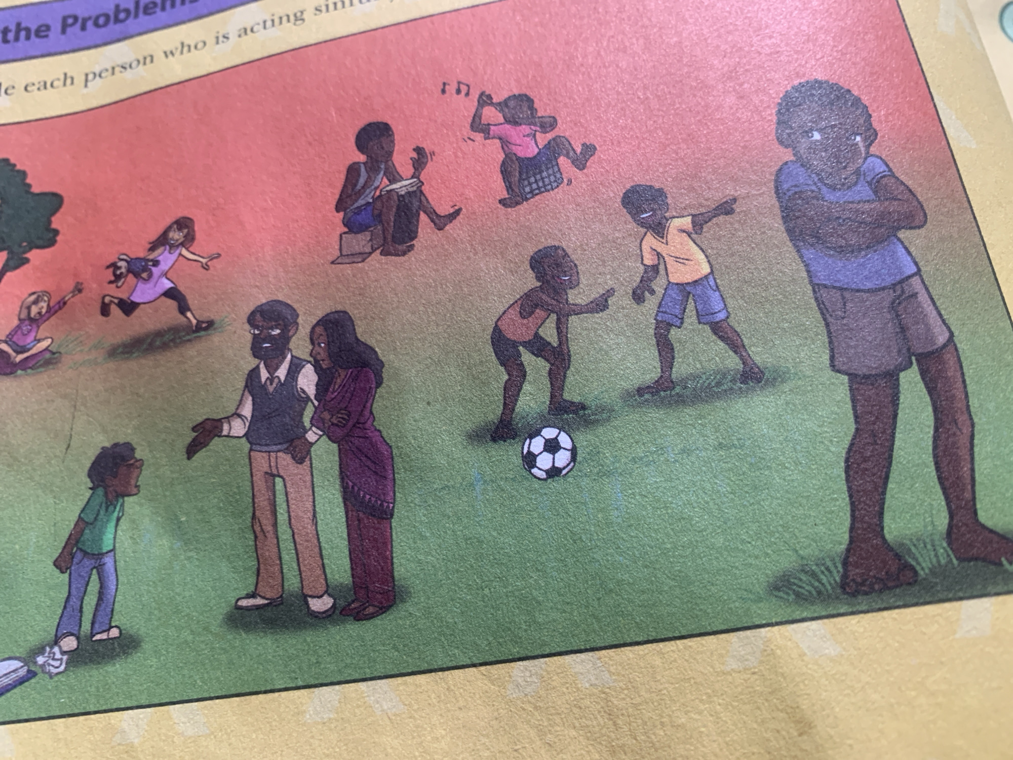 The image depicts a scene with several stylized cartoon figures engaged in various activities, set against a gradient background transitioning from green to pink. On the left, on the green grassy area, a figure in a green shirt and blue pants is standing. To their right, a pair of figures in dark clothing are standing. Further right, a figure in a purple outfit and another in dark clothing are positioned. In the center, a soccer ball is on the ground, with a figure in an orange shirt and blue shorts reaching towards it. To the right of the soccer ball, on the pink background, a figure in a pink shirt and checkered shorts is playing. Above this figure, another figure in a blue shirt and shorts is hunched over. Further up on the pink background, a figure in a purple dress is holding a dark toy. Above that, a figure in a pink outfit is kneeling. The image contains no specific details or context that would allow for the identification of its location in Jauro Yinu, Nigeria, or any other city.