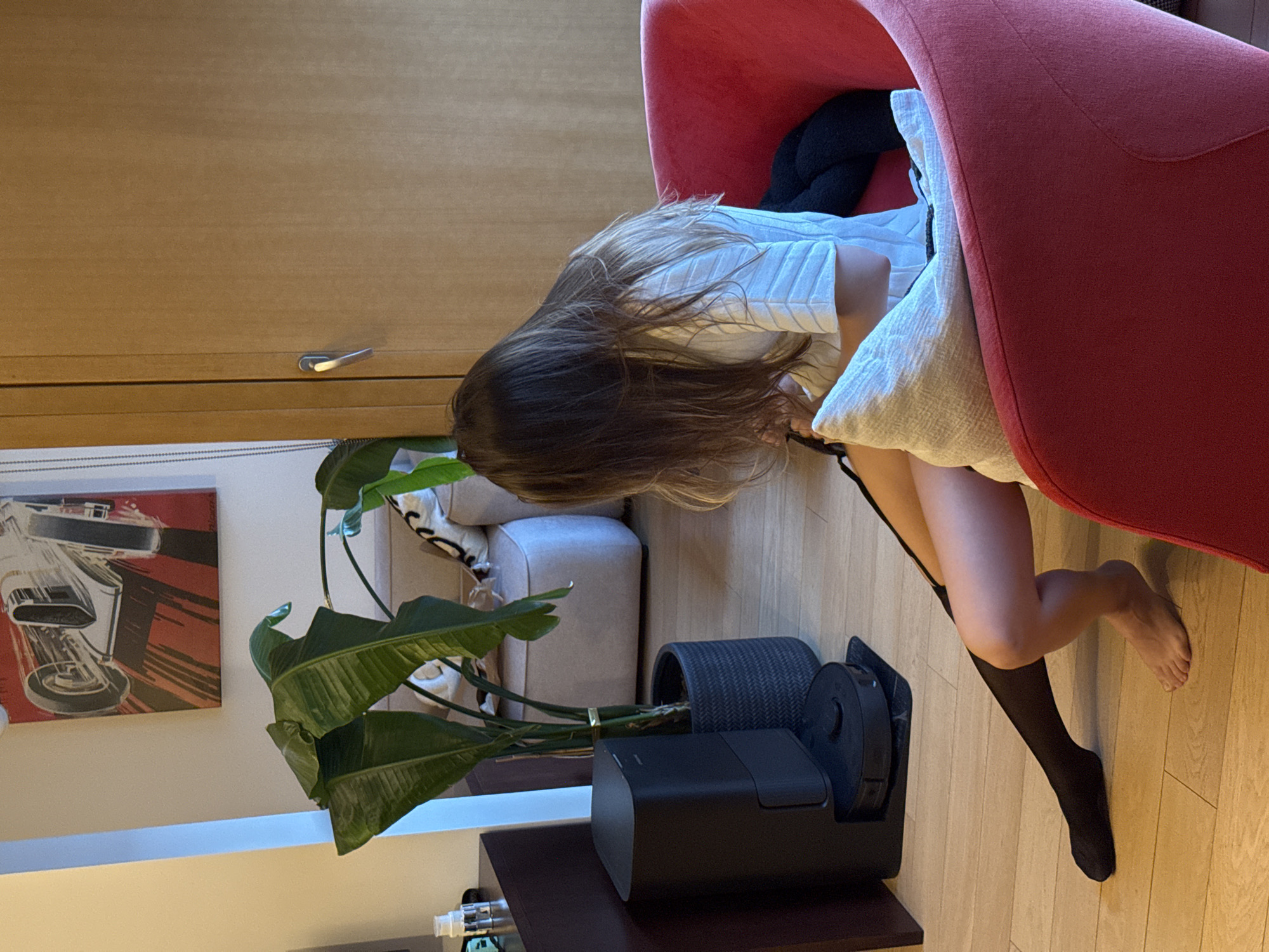 The photograph depicts a person lying in a red armchair, partially obscured by a white cushion. The individual is wearing black stockings and a white top. Their head is visible, with brown hair.
To the left of the chair, there's a potted plant placed next to a black robotic vacuum cleaner charging station. Behind the plant, a beige ottoman is visible. On the wall to the left, there is a framed picture with a depiction of machinery.
In the background, there's a wooden cabinet.
Without additional information, it's impossible to verify that the photo was taken in Warsaw, Poland. No elements within the image explicitly confirm this.