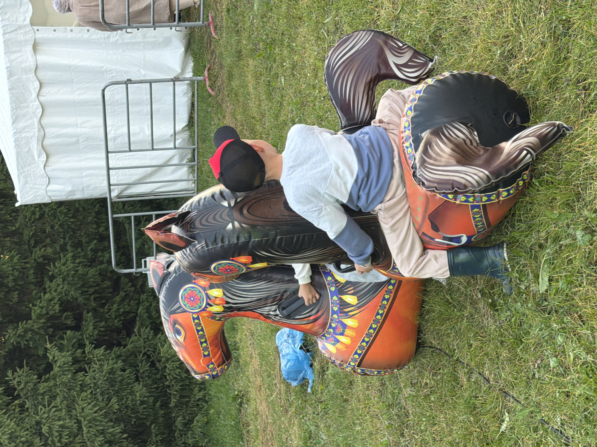 A young boy wearing a red and black baseball cap, a grey and blue long-sleeved shirt, light-colored pants, and dark green boots sits on an inflatable horse toy. The toy horse is orange and black with decorative patterns. The boy is facing to the right, looking away from the camera. In the background, there is a white tent, a metal fence, and trees. The scene appears to be outdoors on a grassy area.