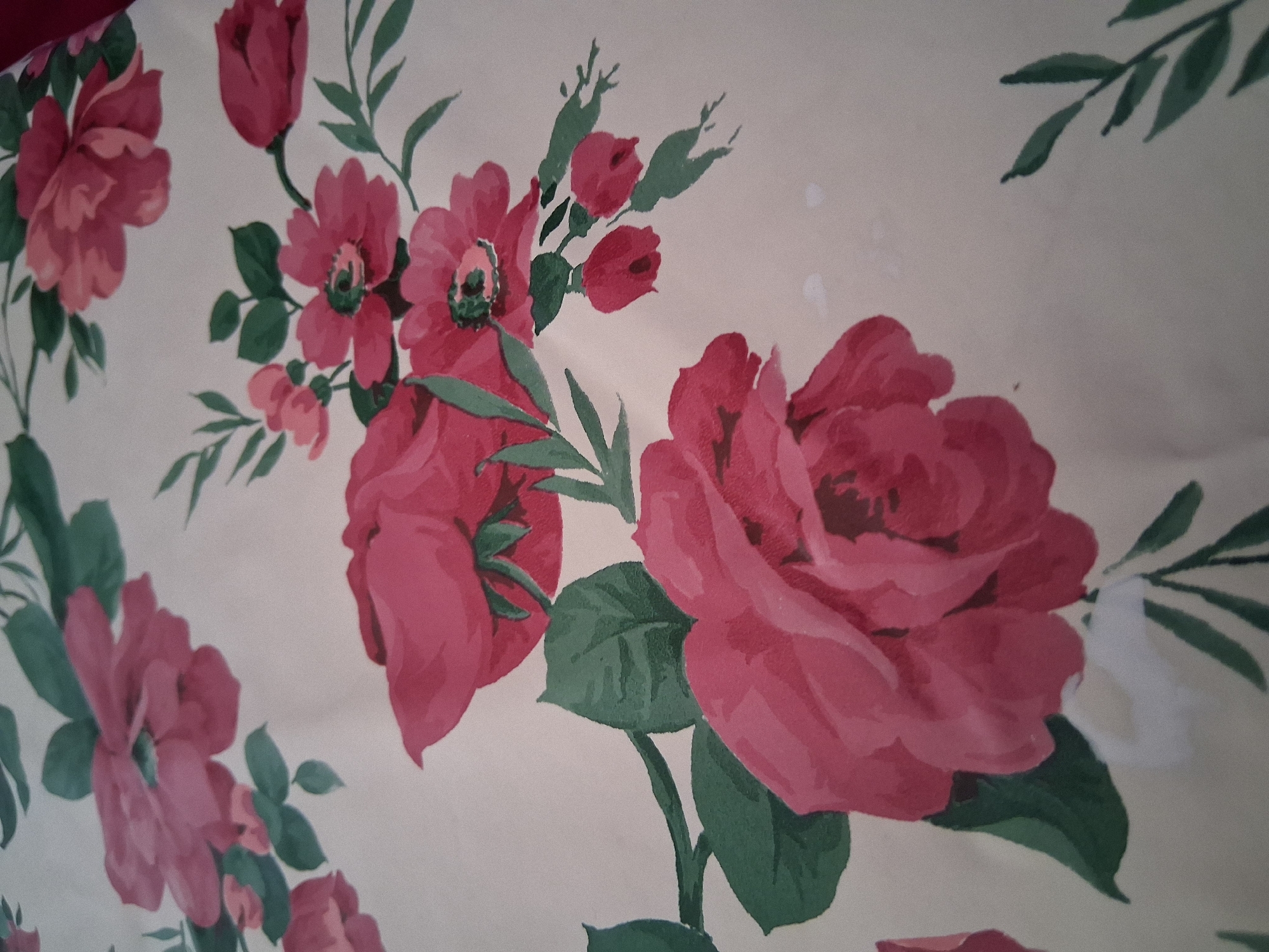 The image shows a close-up of a floral patterned fabric. The pattern features large, stylized roses in shades of pink and red, interspersed with green leaves and smaller buds. The background of the fabric is a light cream or beige color. The lighting is diffused, creating a soft look with no harsh shadows. There is no visible indication of the location in Colorno, Italy, or any other specific setting. The image appears to be a static shot of the fabric itself.