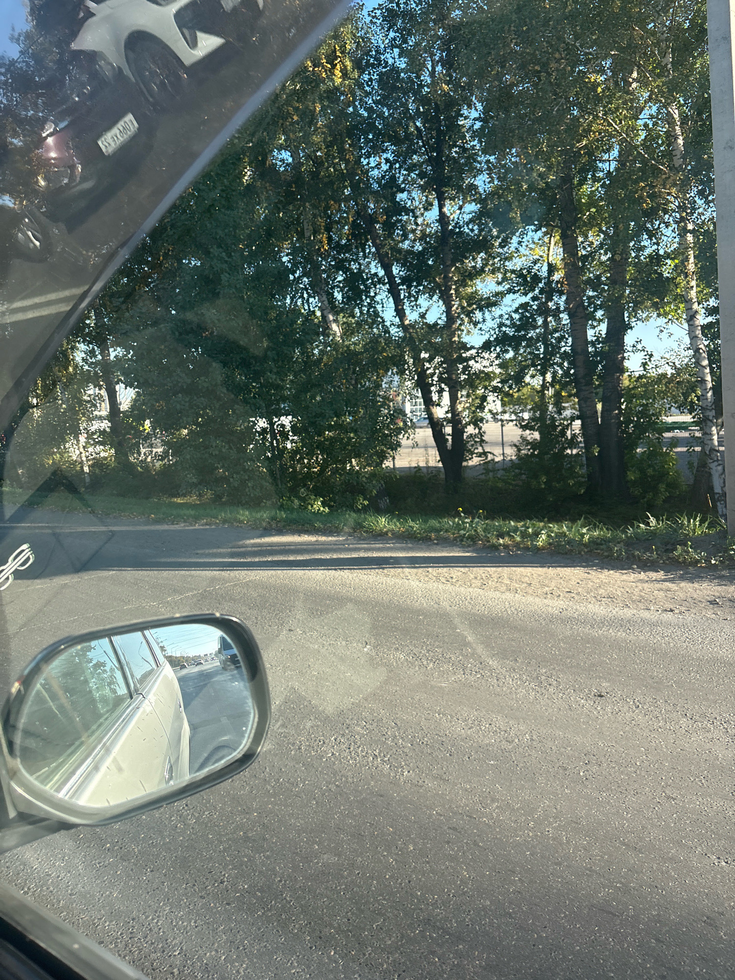 The image shows a view from inside a car looking out the side window and into the side mirror. The car is on a paved road. In the foreground, the road surface is visible. To the left, a portion of the car's interior, including the window frame, is visible. The side mirror reflects a line of cars on a road with trees and buildings in the background. To the right, through the side window, a line of trees with green foliage is visible, against a clear blue sky. The scene appears to be a roadside environment, possibly on the outskirts of a city. Based on the information that this image is from Barnaul, Russia, it depicts a typical roadside scene in the city during daylight hours.