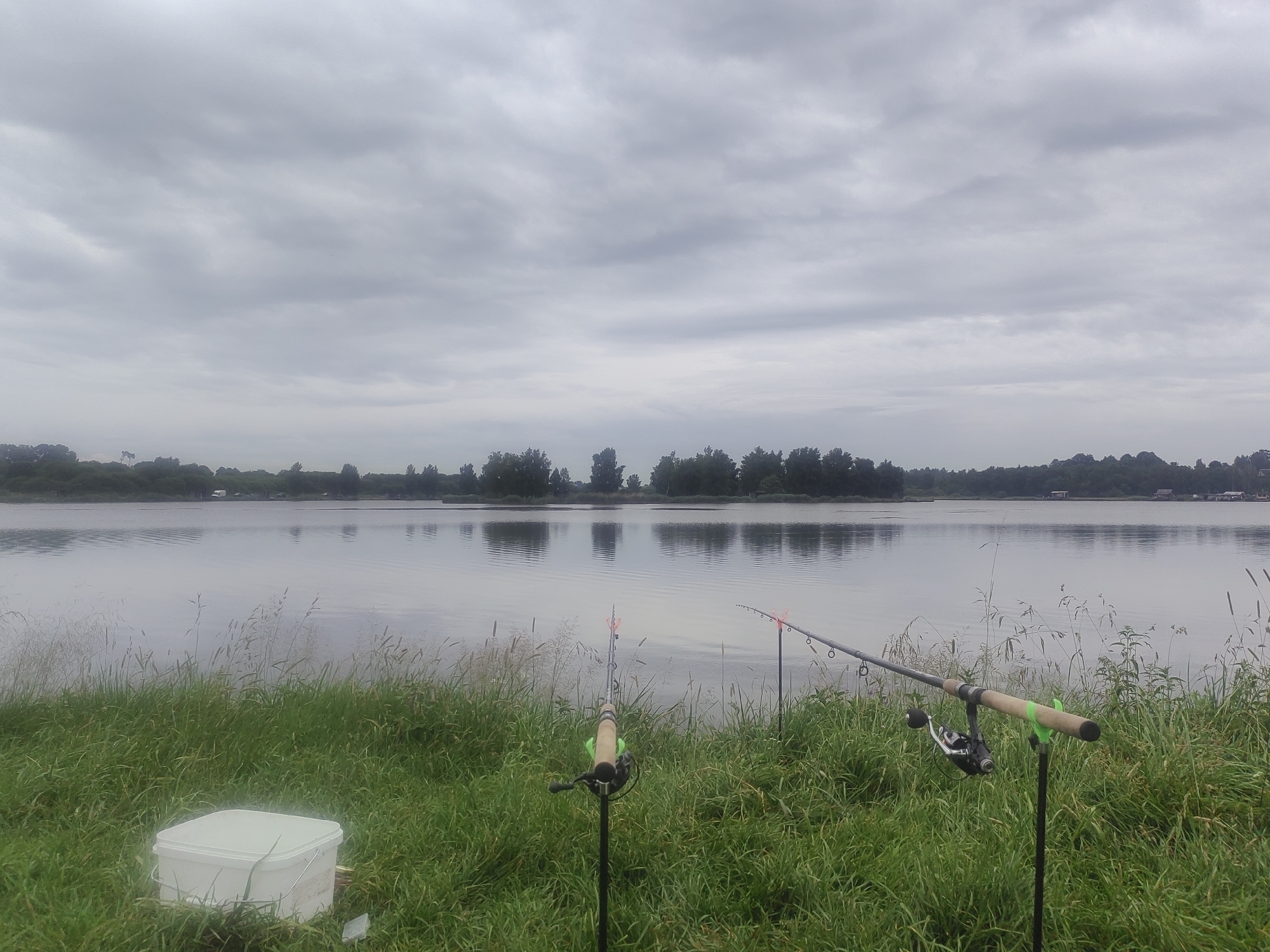 Two fishing rods are set up in a grassy area next to a calm body of water. The sky is overcast and the water reflects the cloudy sky. A white bucket is placed in the grass to the left of the fishing rods. The background shows a treeline with some scattered buildings. The scene is indicative of a fishing spot near Усяжскі сельскі Савет, Belarus.