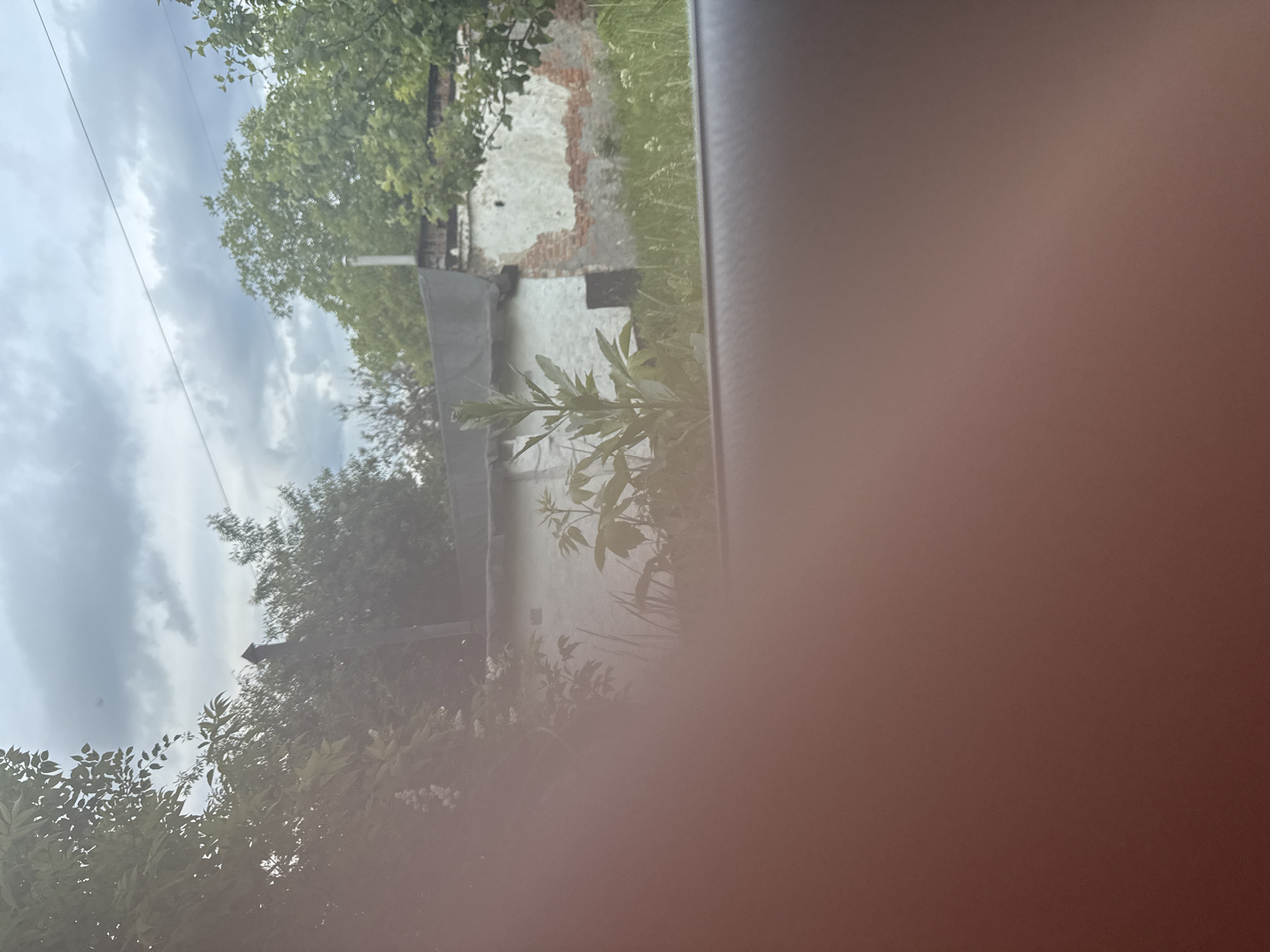 This image captures an outdoor scene in the city of Unknown, Unknown, viewed from a low perspective, likely from within a vehicle. A significant portion of the lower-left and central foreground is obscured by a large, out-of-focus, reddish-brown blur, consistent with a finger or object obstructing the camera lens.
The upper section of the image features an overcast sky dominated by grey clouds. Green deciduous trees are visible in the mid-ground and background, framing the scene on both sides and extending towards the center. A thin, dark utility wire stretches horizontally across the upper mid-section of the sky.
The primary subject is a single-story utilitarian building, possibly a shed or workshop, situated in the mid-ground. The structure has a flat roof covered with dark grey or black roofing material, potentially a tarp. A slender, silver-colored metal pipe, resembling a chimney or vent, extends vertically from the right side of the roof. The building's walls are predominantly covered in white plaster, which is visibly degraded, exposing sections of reddish-brown brickwork, most notably on the right side. A small, dark, rectangular opening, possibly a doorway or ventilation shaft, is present on the left side of the plastered wall.
The ground in front of the building is overgrown with tall green grass, weeds, and various leafy plants. A prominent plant with large, light-green leaves stands in the left-center foreground. A dark grey, textured surface, consistent with a car's interior trim or dashboard, forms a horizontal band across the bottom fifth of the image. No individuals or specific activities are observable in the frame.