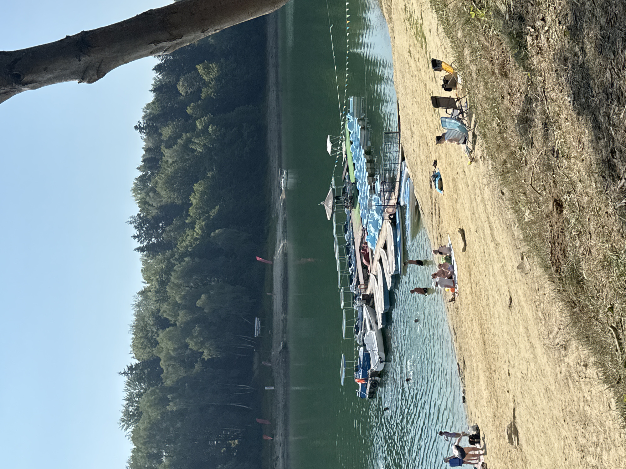 The image depicts a sunny day at a lake, likely in Polańczyk, Poland, with a forested hillside in the background. In the foreground, a sandy beach slopes down to the water. Several people are on the beach, some sitting on towels and chairs, and others standing. A group of people are in the shallow water at the edge of the lake, with at least two appearing to be swimming.
The lake itself is calm and a deep green color. A wooden dock extends out into the water, lined with numerous small boats, predominantly pedal boats. There are also a few larger motorboats docked. A small covered pavilion sits on the dock. Decorative flags or pennants are strung across the water near the dock.
Further out on the lake, a single white motorboat is visible. The far bank of the lake is densely covered with a variety of trees, indicating a natural, possibly park-like setting. The sky is clear and blue. The overall scene suggests a recreational area on a warm day.