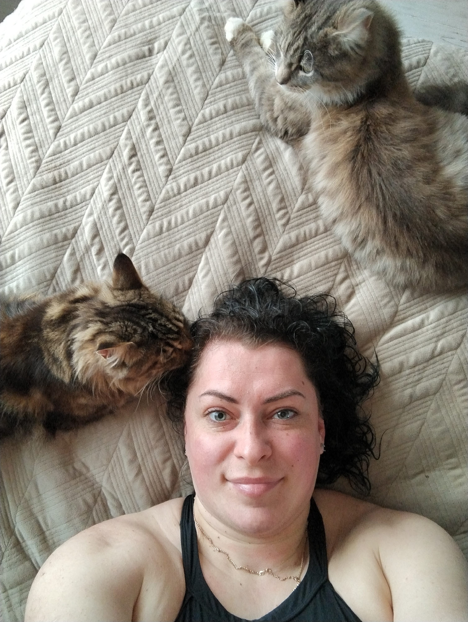 A woman with curly dark hair and blue eyes is lying on a tan-colored, textured quilt. She is wearing a black tank top and a delicate gold necklace. To her left, a brown tabby cat rests its head near her head. To her upper right, a grey tabby cat is lying with its paws stretched out. There is no location visible to identify it as Grishanki, Russia.