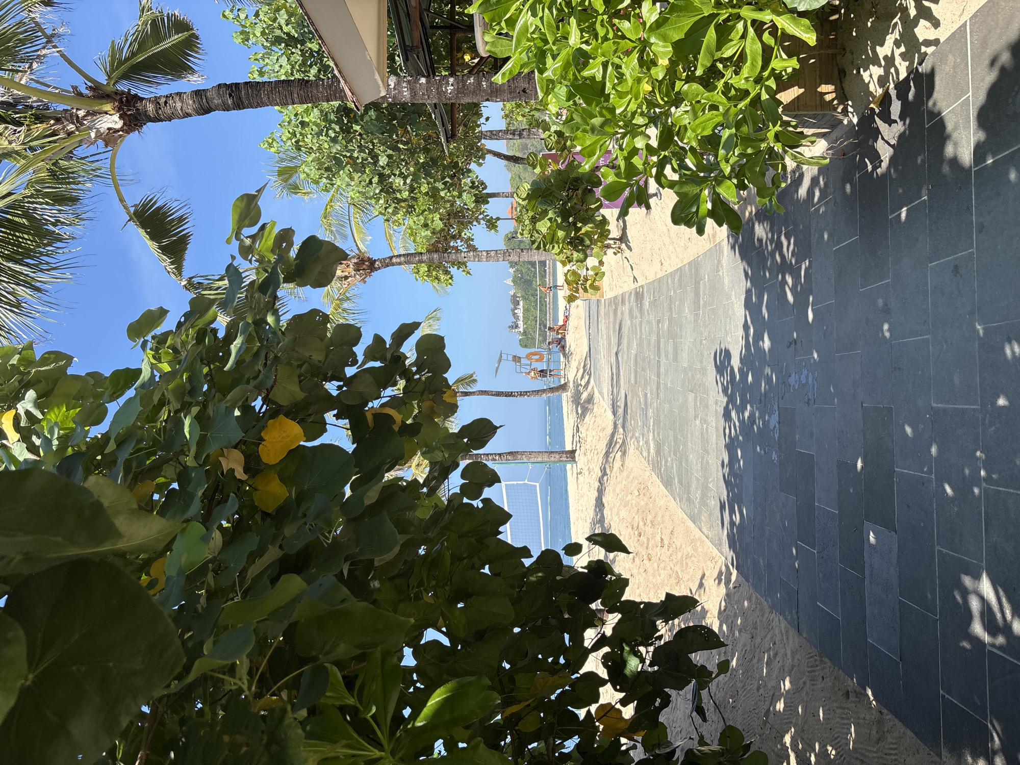 This image captures a vibrant, sunny tropical beach scene in Kuta Selatan, Indonesia. A tiled pathway, made of dark grey rectangular pavers, extends along the right side of the frame, leading towards a sandy beach and the ocean. Lush green foliage and palm trees, some with thick, textured trunks, heavily frame the view from the foreground and sides. Some of the leaves show patches of yellow.
In the mid-ground, a strip of sandy beach transitions into a calm, blue body of water, likely the sea. A white beach volleyball net is set up, partially in the water. A red and white lifeguard chair, with a red lifebuoy attached, is positioned on the sand. Several people are visible enjoying the beach: one person is seated on the sand near the lifeguard chair, and other figures can be seen further along the beach, some near the volleyball net. Distant white resort-like buildings are discernible on a slight rise in the background.
The clear blue sky overhead and the strong, dappled shadows cast by the foliage across the pathway and sand indicate bright sunlight, suggesting it is midday or early afternoon. The scene portrays a lively yet relaxed beach environment, typical of a tropical vacation destination. No text is visible in the image.