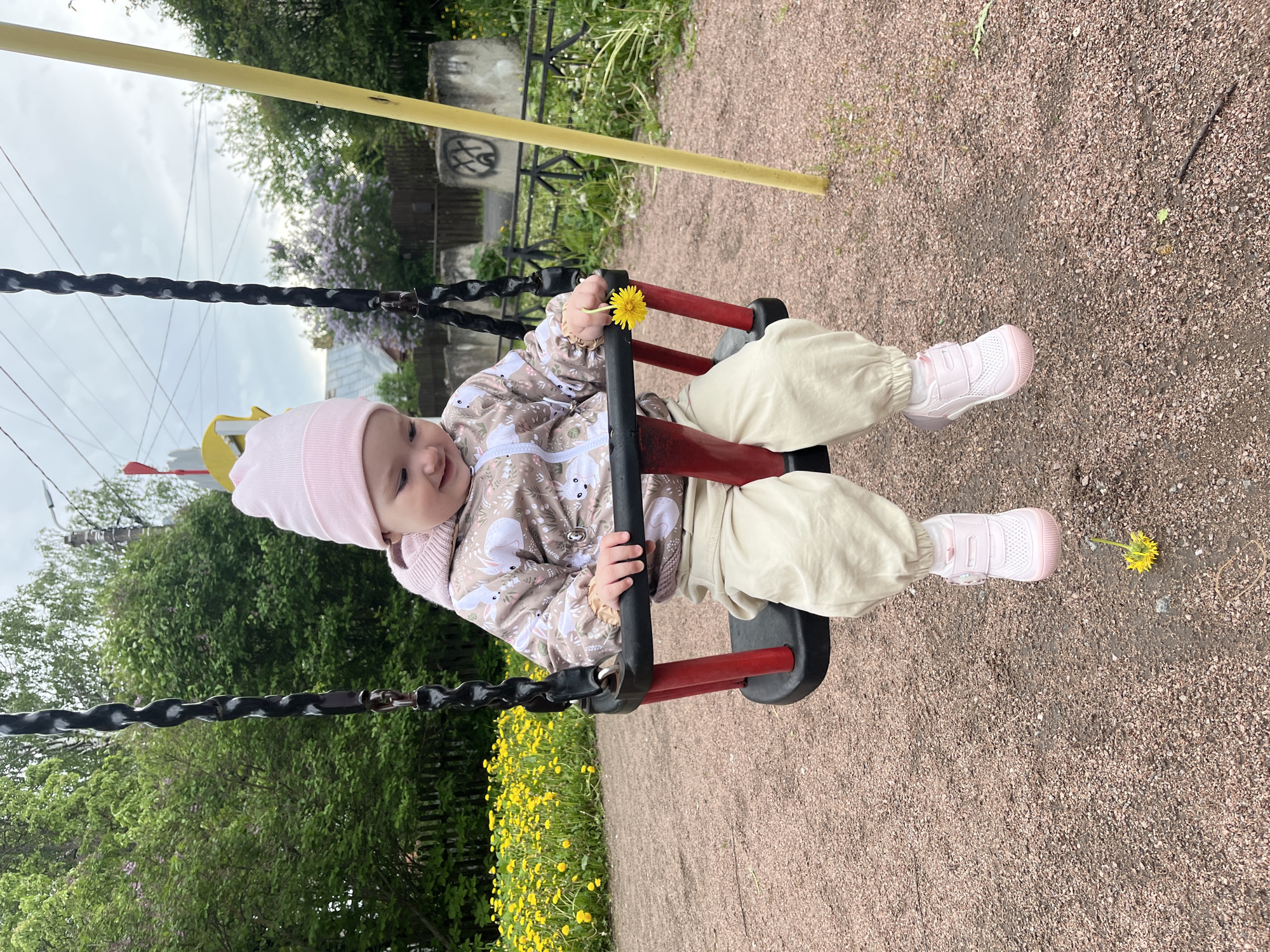 The image captures a baby girl, likely around one year old, enjoying a swing at a playground. She wears a pink hat and light-colored outerwear with bunny designs. Her pants are beige, and she sports pink sneakers. The baby is holding a dandelion in one hand. The playground swing is made of red and black materials, and the ground is covered in reddish-brown gravel. Lush green trees and flowering plants, including dandelions, surround the swing. The photograph was taken in the city of Pushkin, Russia.