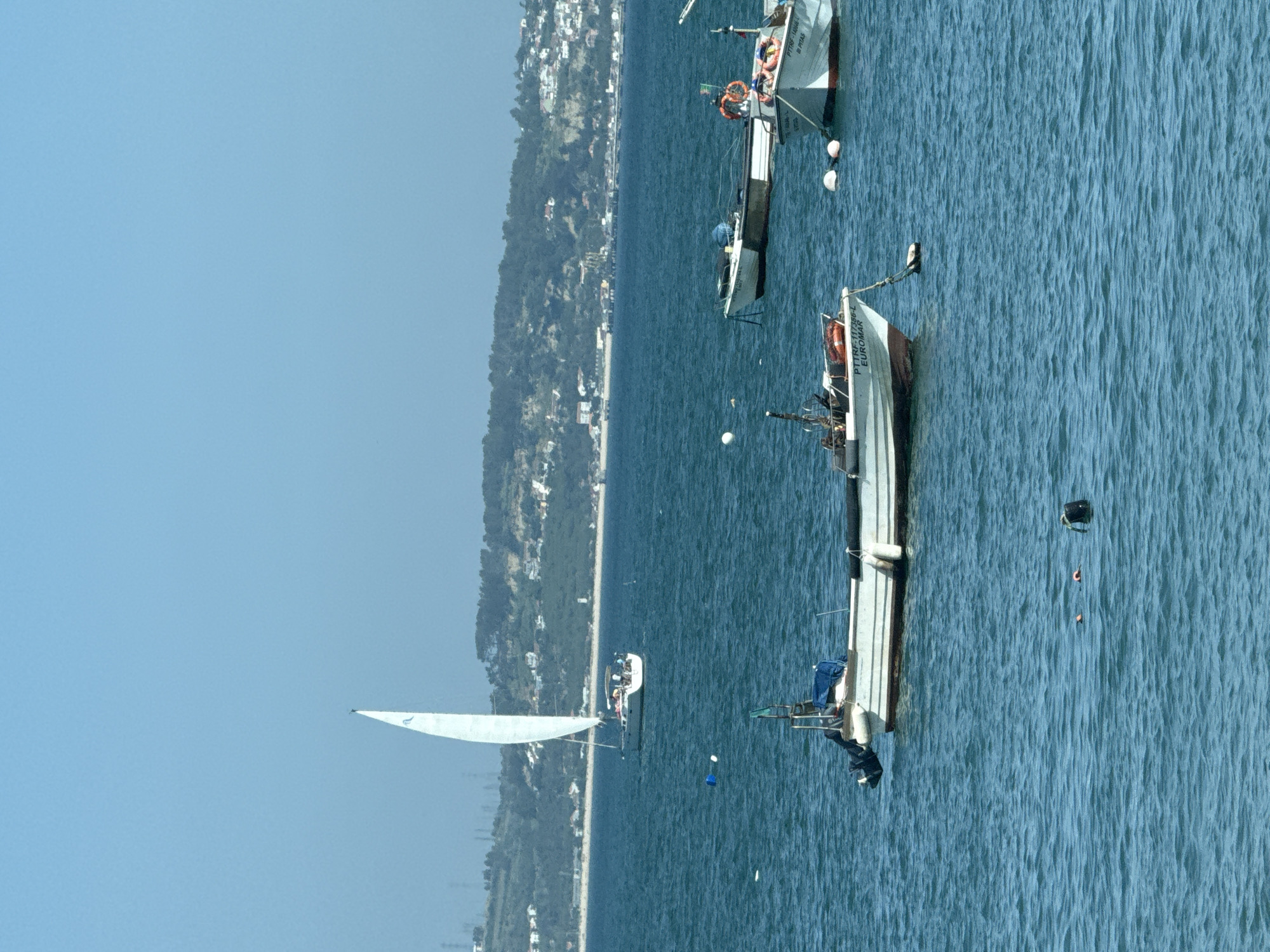 A vertical, high-angle shot captures a body of water with several boats and a coastline. The water is a deep blue with a textured surface, indicating mild chop. In the foreground, a white sailboat is partially visible, its sail extended. Further out, a white motorboat with a dark hull is anchored, and another similar boat is visible in the distance. A more distant shoreline features a densely wooded hillside dotted with houses. The sky is a clear, pale blue, suggesting a bright, possibly sunny day. The overall scene appears calm and peaceful.
Text is visible on the side of one of the motorboats: "PTT.RF-11728-L EUROMAR".
