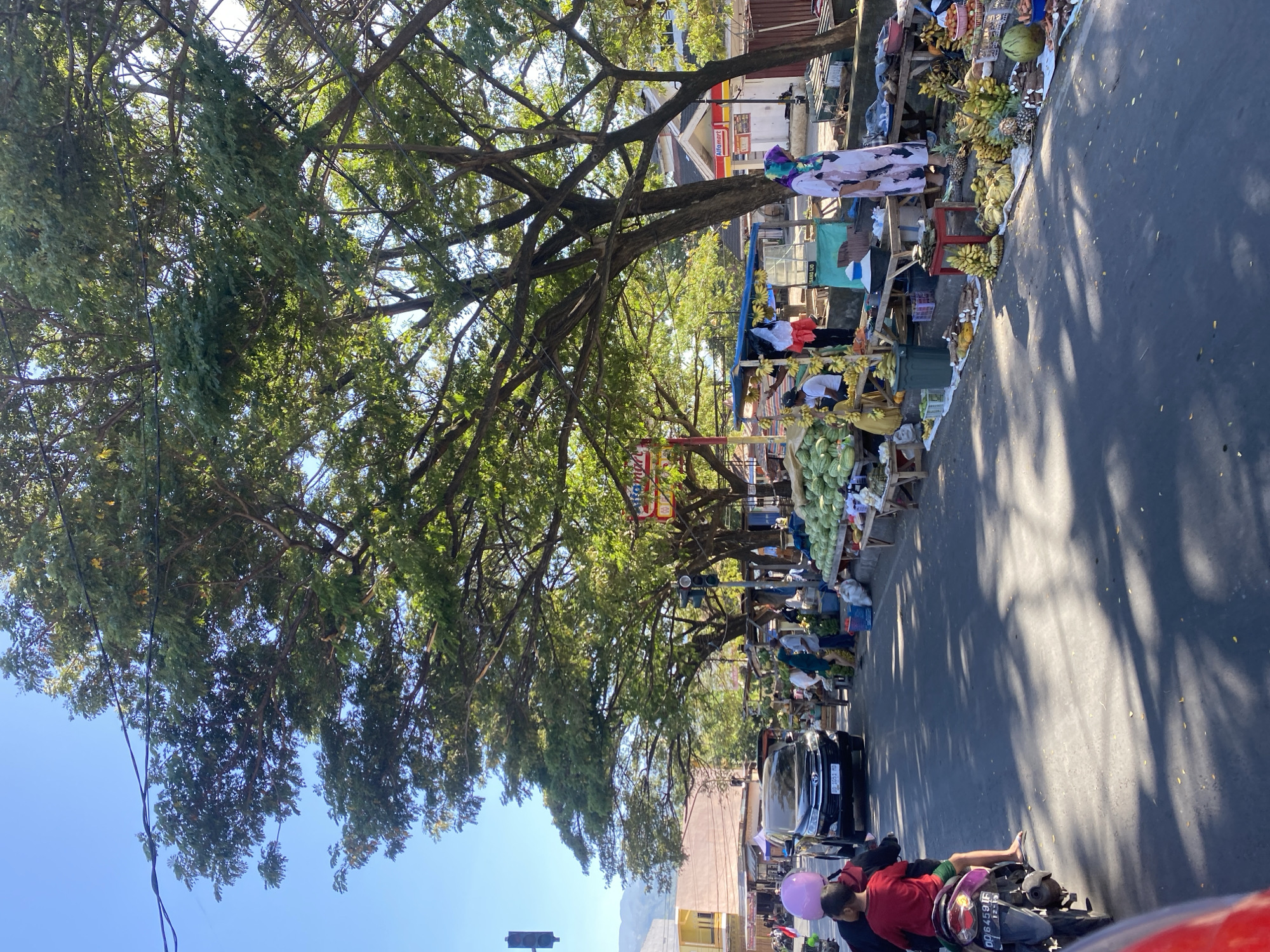 The image depicts a bustling street market scene in Kelurahan Tappanjeng, Indonesia, under a clear blue sky and dappled sunlight filtering through the dense canopy of mature trees. The market stalls are set up along the side of a paved road, displaying a colorful assortment of fresh produce, primarily watermelons and bananas, along with other fruits like pineapples and tomatoes. Several individuals are visible, some tending to the stalls, others interacting with customers, and a few individuals riding on a motorcycle in the foreground. A black SUV is stopped on the road, and further down, a red and yellow Alfamart convenience store is visible. The overall impression is one of a lively, local marketplace engaged in commerce on a bright, sunny day.